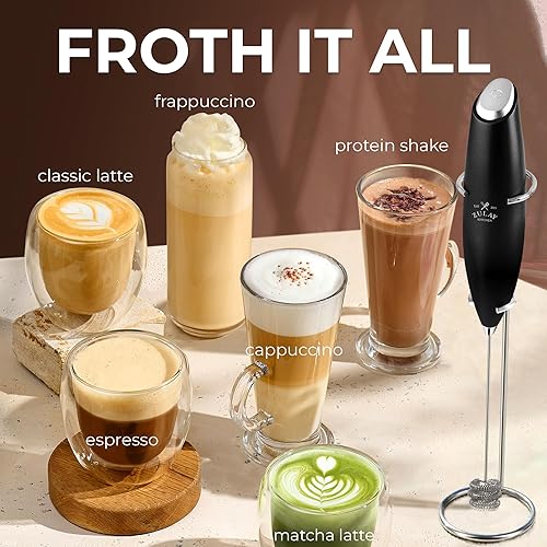 Vista 623 de Zulay Kitchen - Espumador de leche de mano con pilas AA Duracell: batidora de bebidas resistente para café, latte, capuchino y más, color aurora