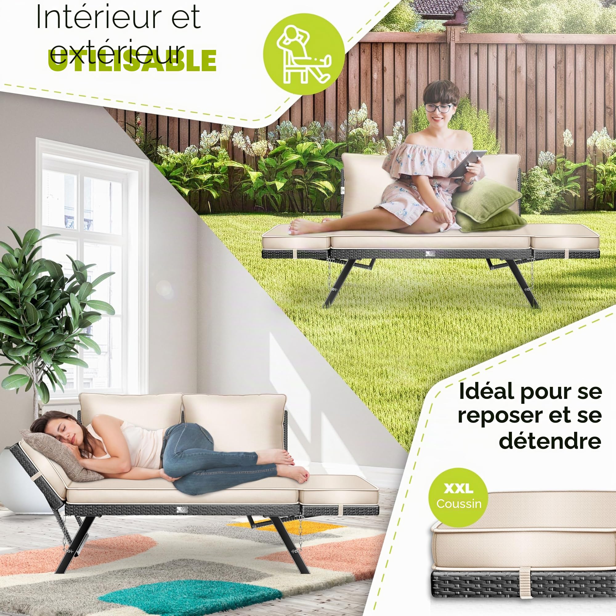 KESSER® Luna Banc de jardin en polyrotin avec fonction allongée, 4 en 1, résistant aux intempéries, canapé de balcon, canapé réglable, accoudoirs réglables, rembourrage extra épais