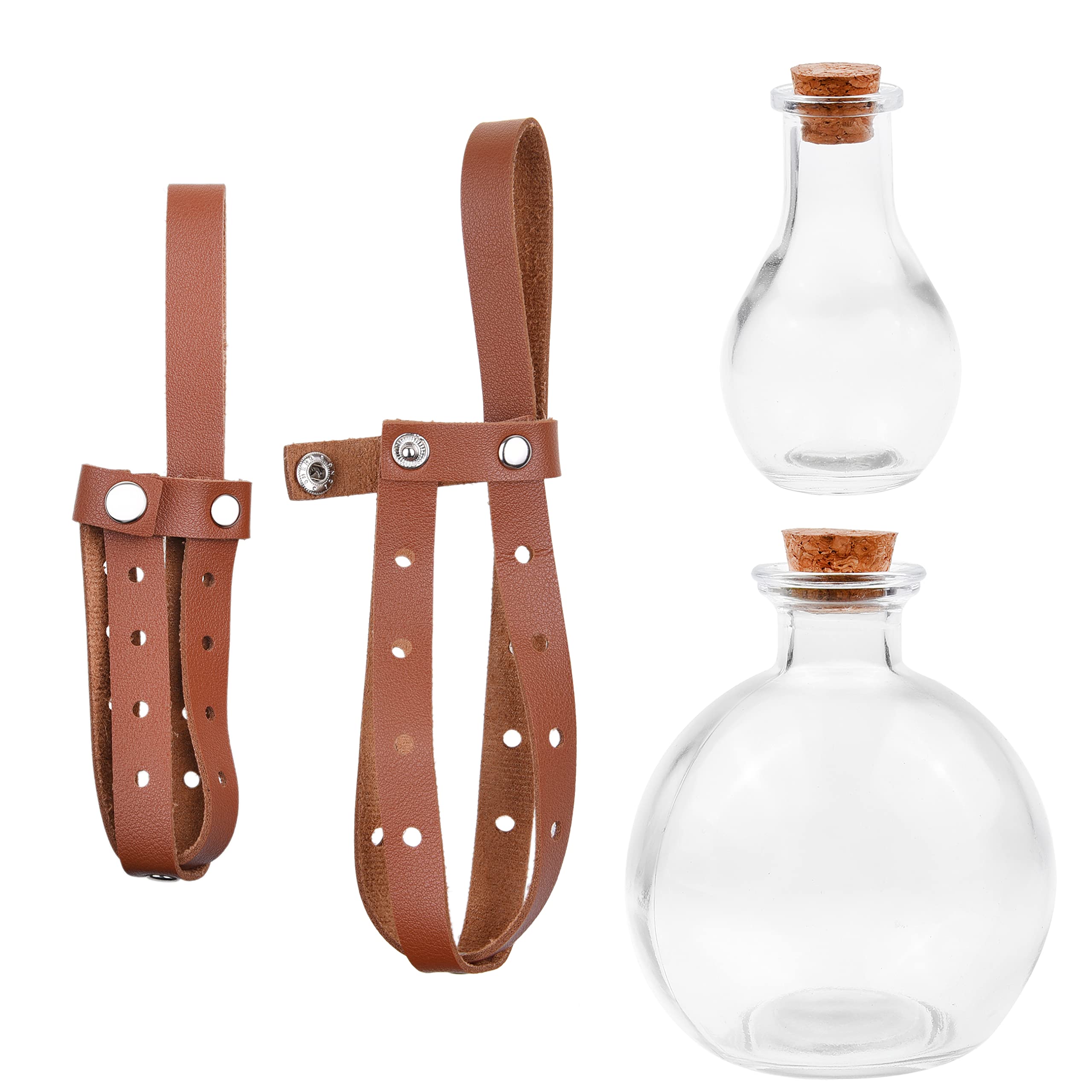Eco-Fused 2 x Cosplay-Trankflasche (groß/klein) – durchsichtiges kugelförmiges Cosplay-, Zauberer-, Hexenkostüm-Zubehör – inklusive Korkstopfen, braunem Kunstleder-Ärmelhalter, Gürtelschlaufe