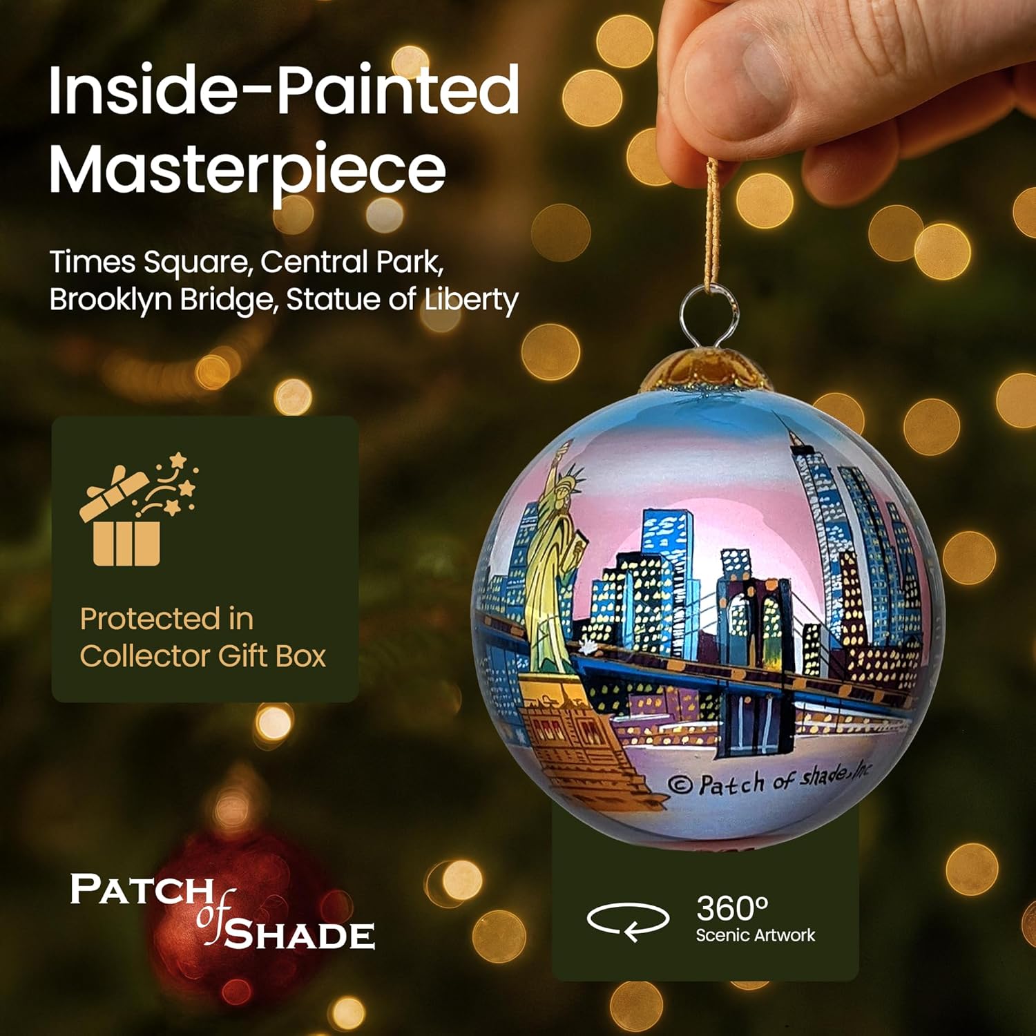 New York City at Sunset Christmas Ornament Hand Painted from Inside with Decorative Gift Box - Image 4
