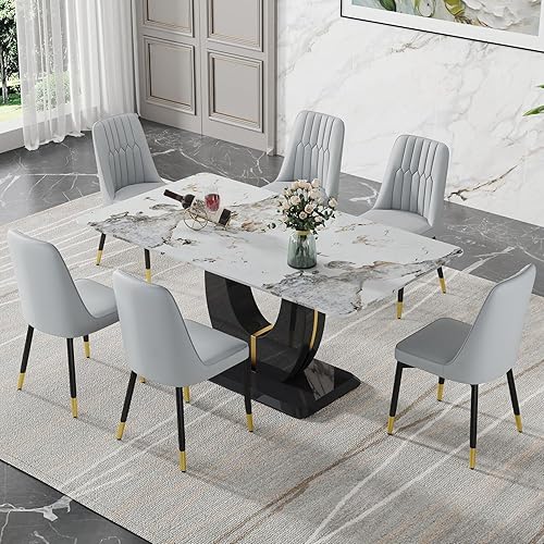 Miniatura 71 de JUFU Juego de mesa de comedor para 6 personas con sillas tapizadas de poliuretano, mesa y sillas de comedor de mármol sintético gris de 63 pulgadas,