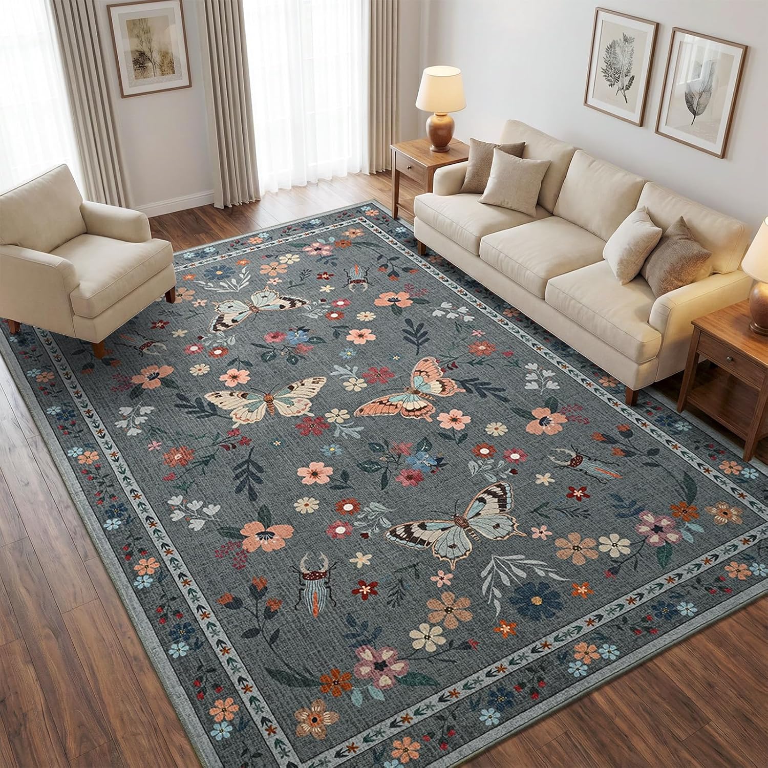 4x6 Area Rugs for Living Room Bedroom, Washable Butterfly Floral Insect Print Rug, Soft Ultra-Thin Non Slip Modern Carpet for Dining Office Kids Nursery Playroom Room Home Decor, Grey