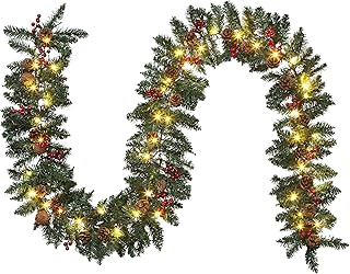 Hanizi 9 FT Christmas Garland, Battery Operated 8 Lighting Modes, Lighted Christmas Garland with 50 LEDs, Pine Cones, Red ...