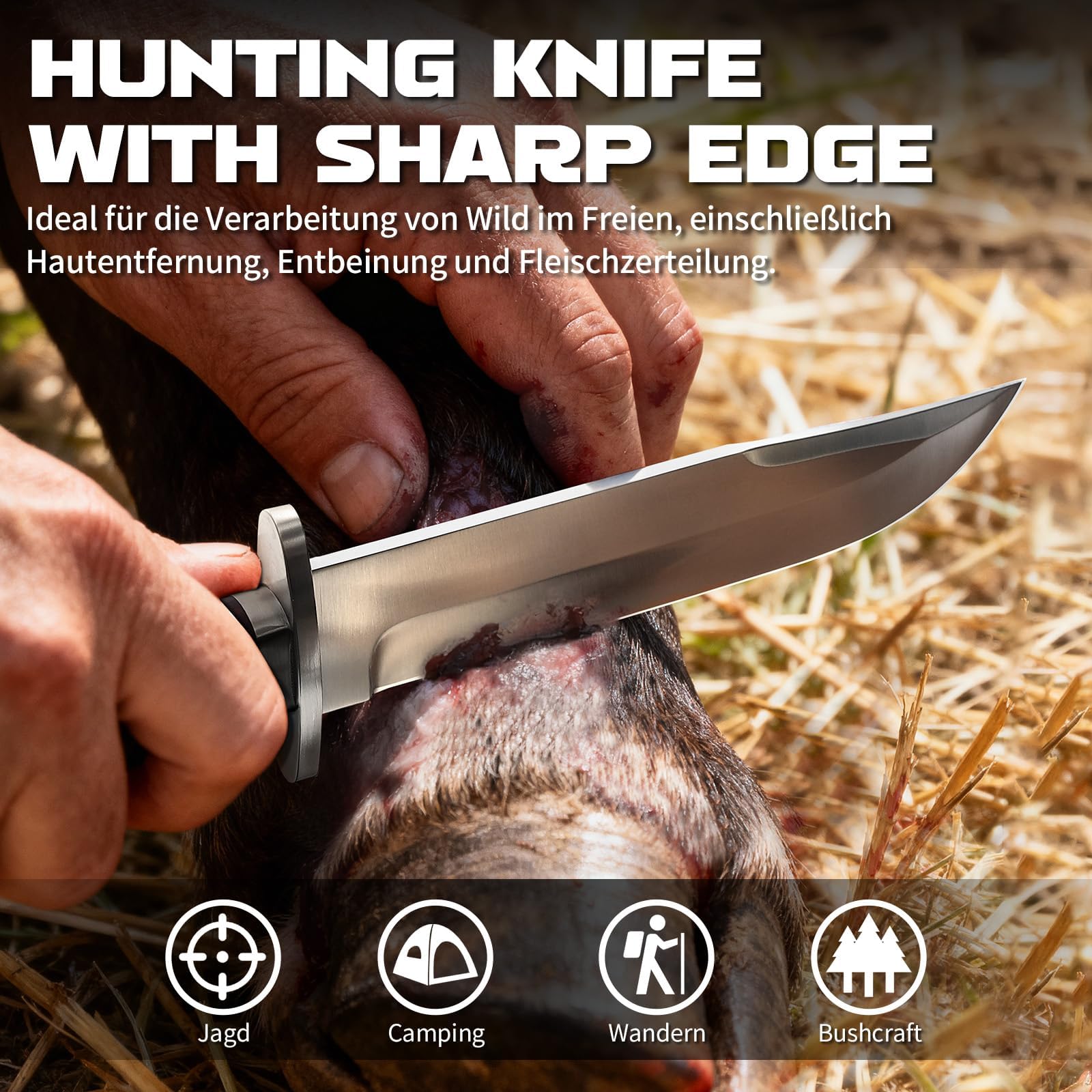 Omesio Cuchillo Outdoor Hoja Fija 5Cr14MoV con Funda de Cuero | Mango de madera maciza con funda de cuero, ideal para camping, senderismo y actividades al aire libre.