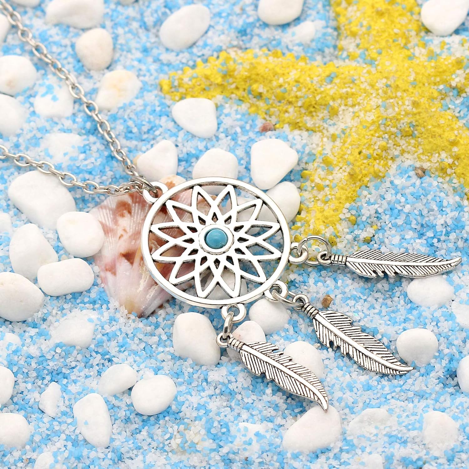 lauhonmin 3pcs Women Retro Silver Turquoise Feather Dream Catcher Pendant Necklace Earrings Set Family Friend Gifts - Image 4
