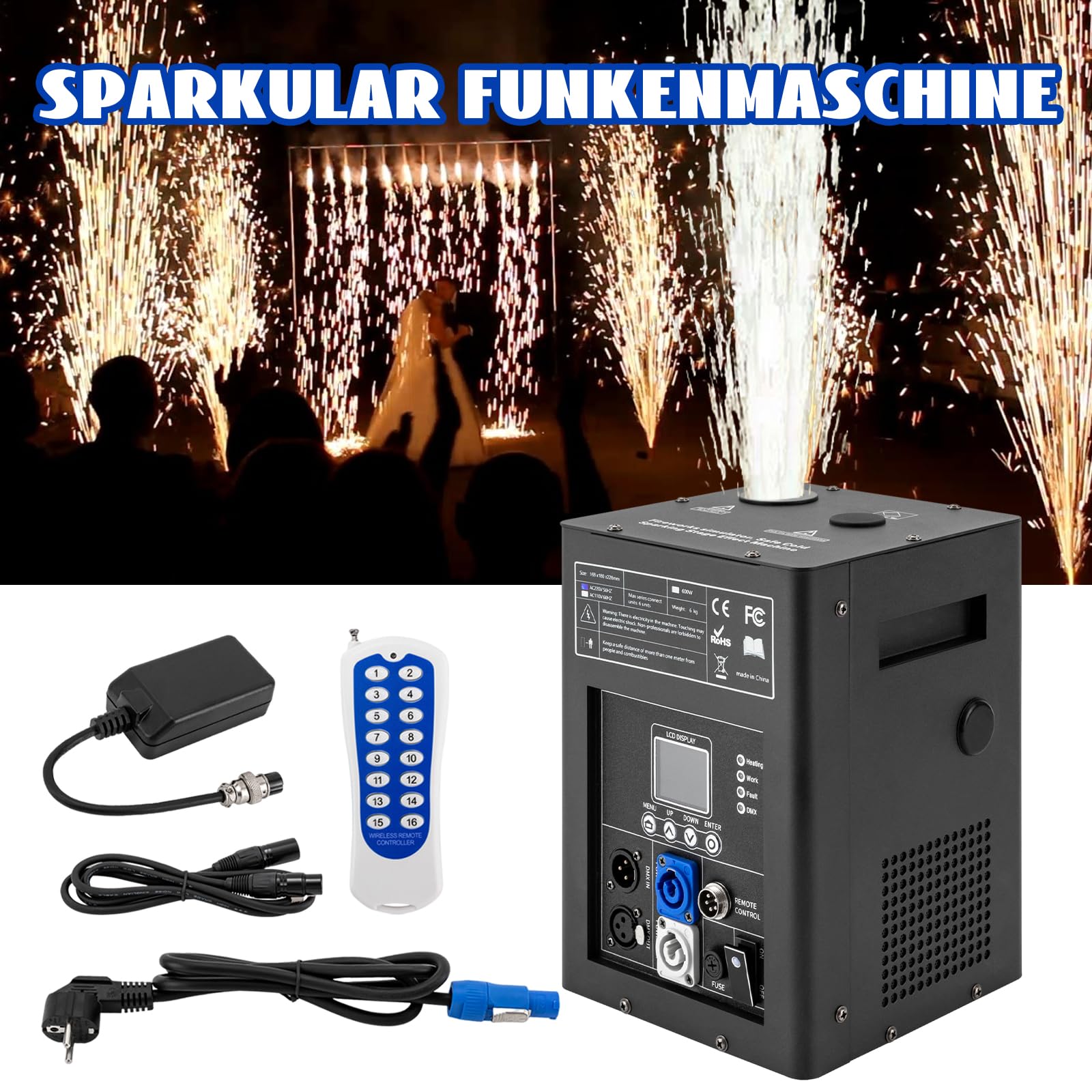 Bühneneffektmaschine 600W DMX Funkenmaschine | Drahtlose Fernbedienung | Schwarzes Metall | 2-5M Sprühhöhe | für Hochzeit, Party | Deutsche Anleitung