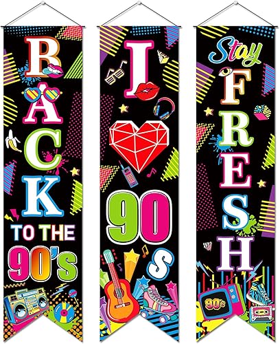 3 piezas de decoraciones de fiesta de los años 90, pancarta de regreso a los 90 con texto en inglés "I Love the 90s Porch", letrero colgante para