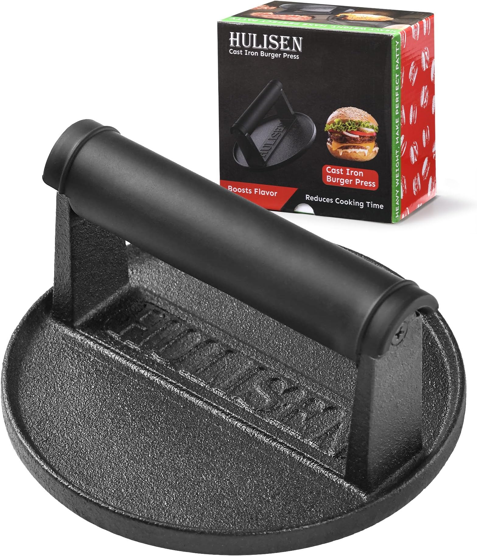 Pre-Seasoned Cast Iron Burger Press, Heavy Duty 6” Burger Smasher for Griddle with Heat Resistant Handle, Grill Press for Hamburger, Bacon, Meat, Steak, Patty, Barbecue Grilling Tool, 2.3lb