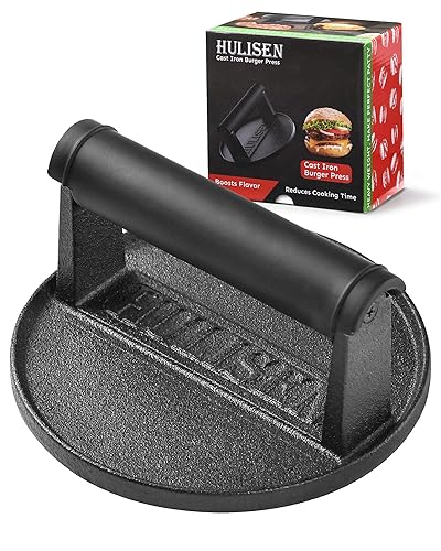 Pre-Seasoned Cast Iron Burger Press, Heavy Duty Burger Smasher for Griddle with Heat Resistant Handle, Grill Press for Hamburger, Bacon, Meat, Steak, Patty, Sandwich, Barbecue Grilling Tool - 6“ Round Press