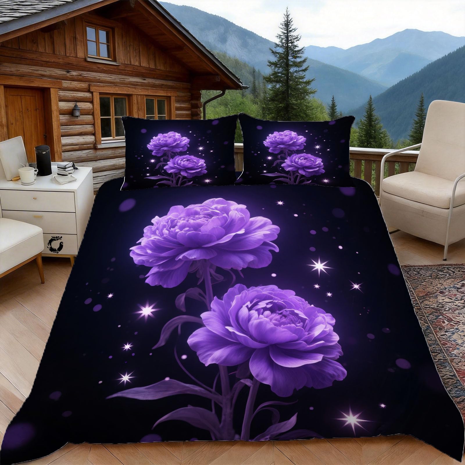 Housse de couette 220x240 pivoine anti-glissement à fermeture éclair