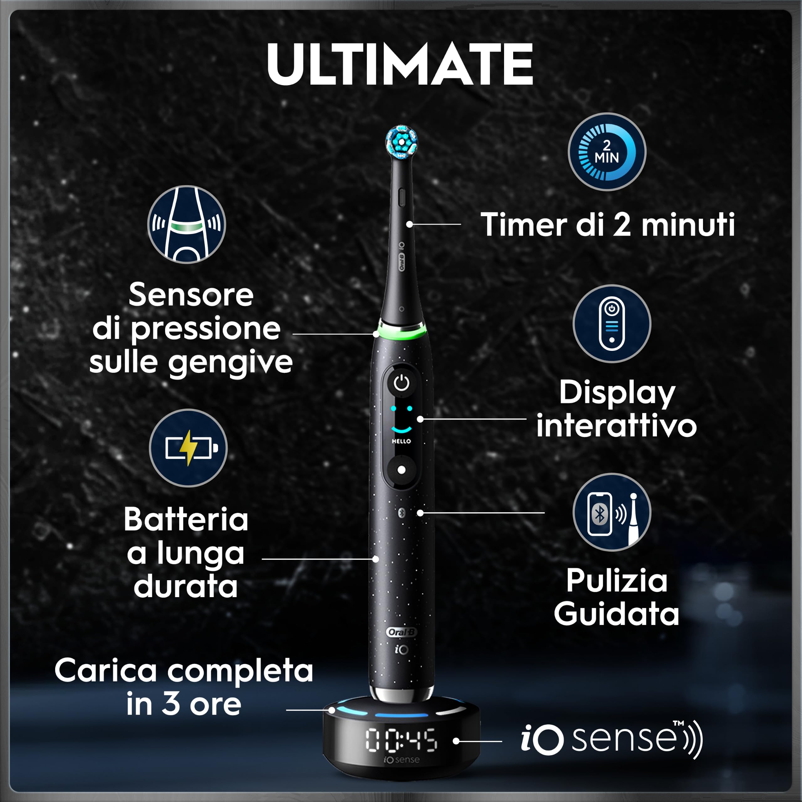 Oral-B iO 10 Spazzolino Elettrico, 3 Testine di Ricambio, Custodia, Nero - 3 Testina di Ricambio per Spazzolino Elettrico, Ricaricabile, Custodia da Viaggio Ricaricabile, Pulizia Denti Efficace