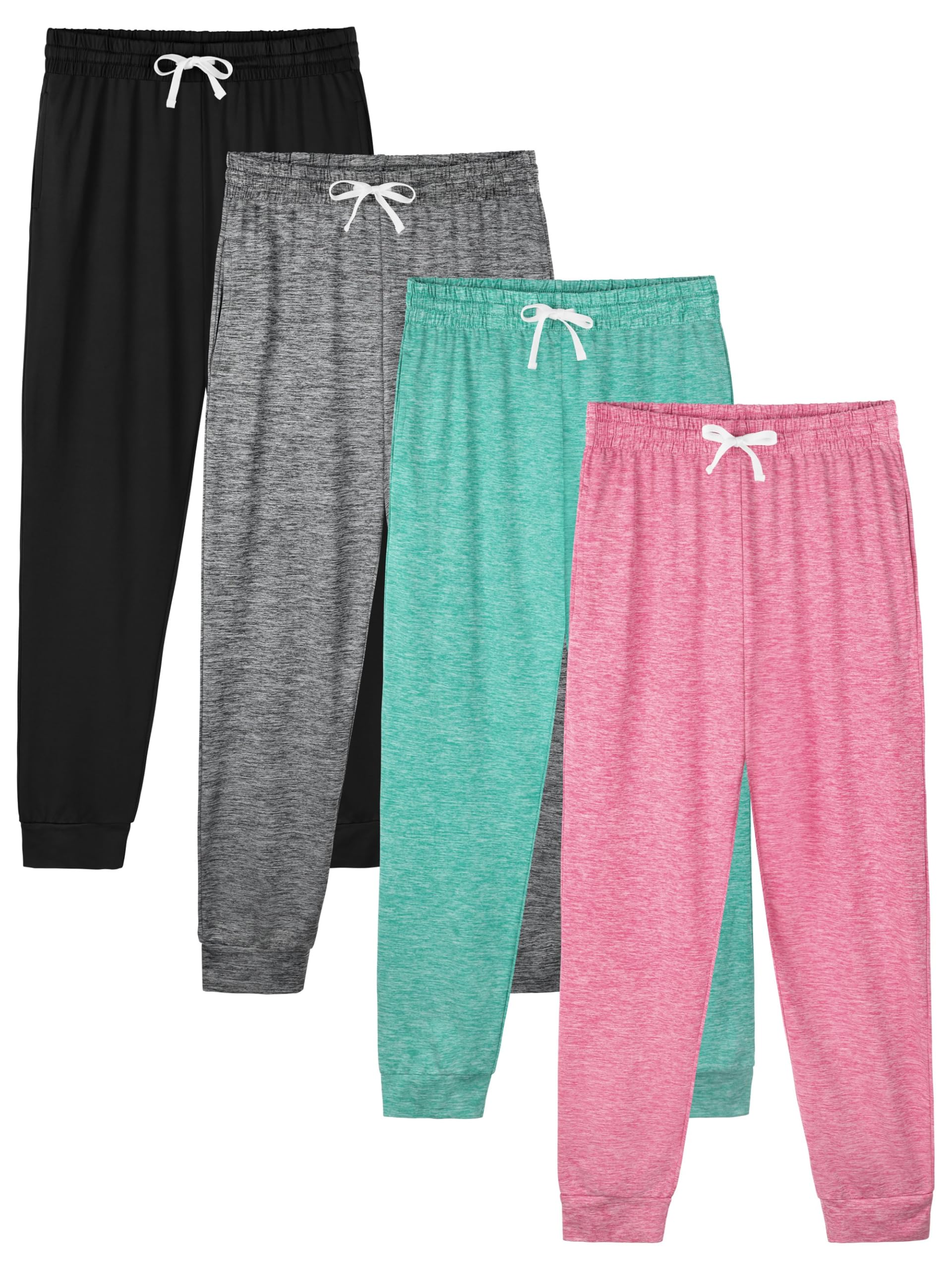 4 Pack Girls Sweatpants Jogger Lightweight Dry-Fit Active Athletic Kids Joggers with Pockets & Drawstring
