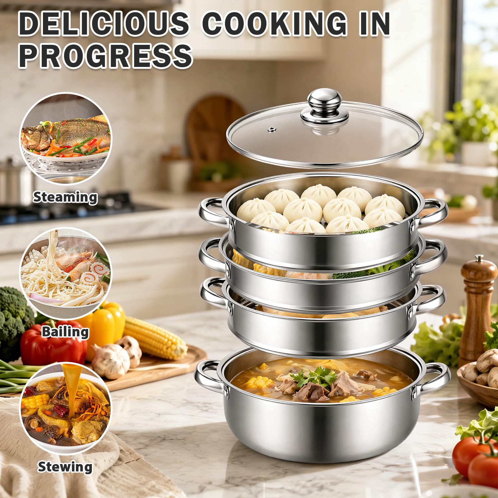 28 cm Dampftopf-Topf mit Dampfgareinsatz, 3/4-Regalkocher mit Deckel, Edelstahltopf, Nudeltopf mit Sieb zum Kochen von Gemüse, Meeresfrüchten, Suppen, Eintöpfen und Nudeln (Vier)