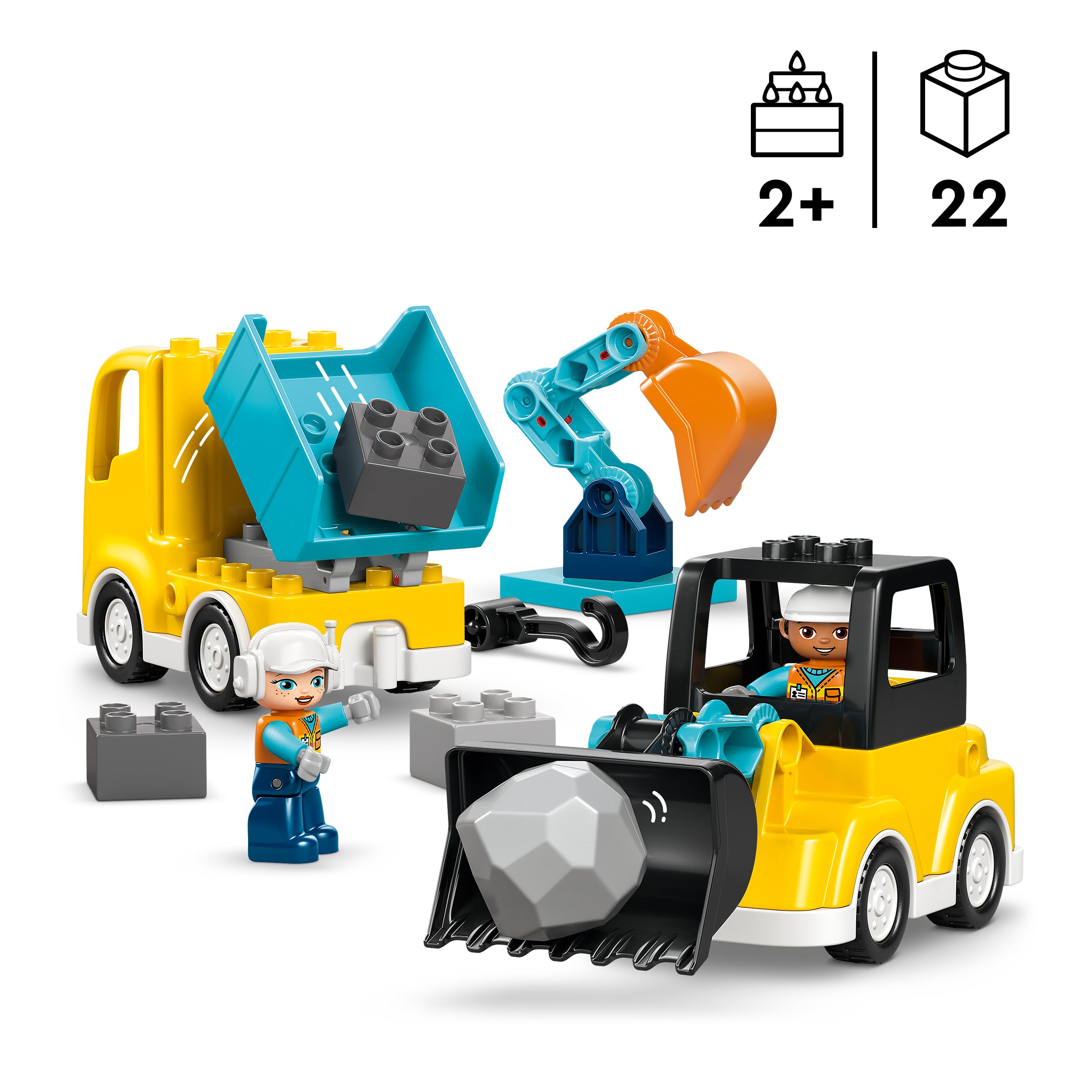LEGO DUPLO Veicoli da Cantiere 3 in 1 - Gioco Didattico Montessori con Camion, Escavatore e Gru Giocattolo - Idea Regalo di Compleanno per Bambini e Bambine da 2 Anni in Su - 10475