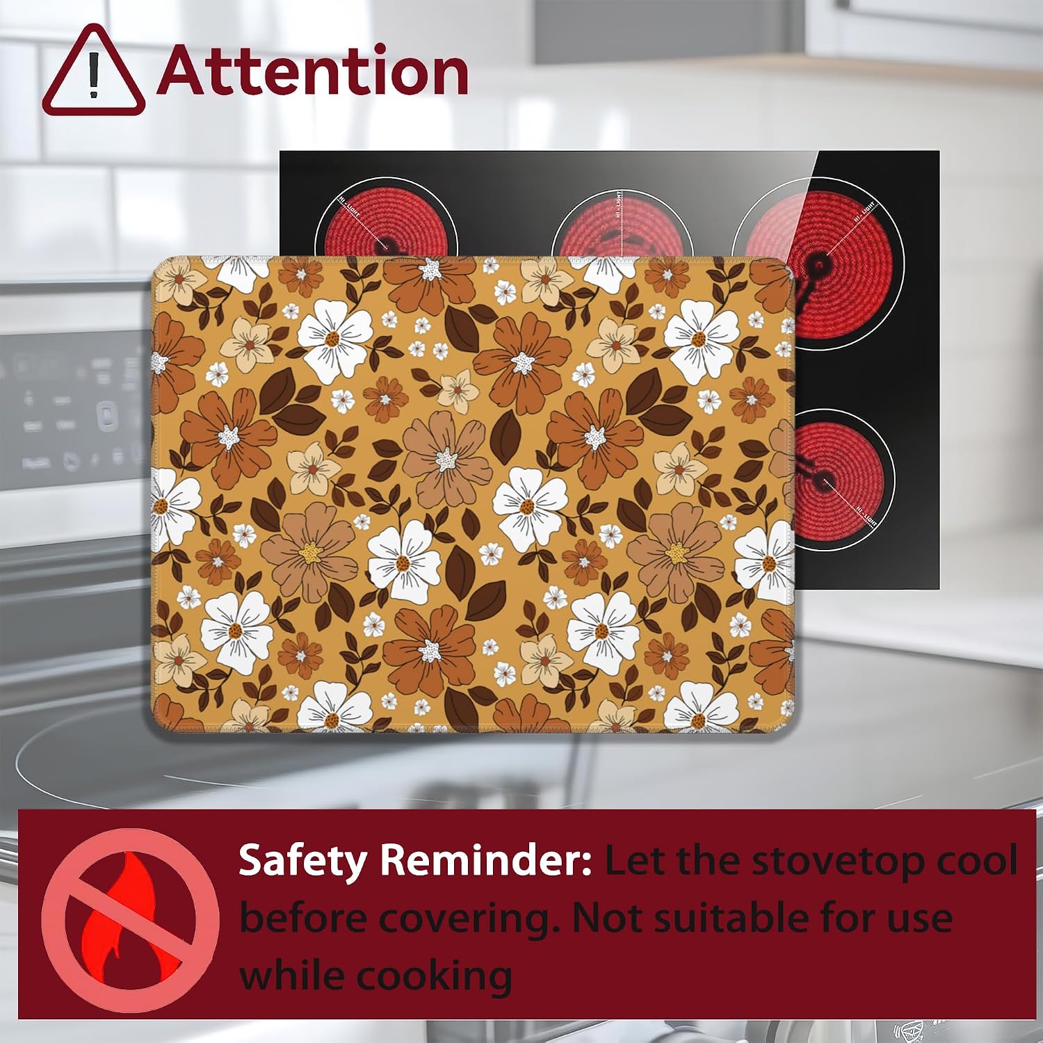 Vintage Floral Electric Stove Top Cover Protector,White Brown Flowers Glass Flat Top Stove Mat,Heat-Resistant Oven Induction Cooktop Mat for Ceramic Countertop Mats Dish Drying Mat