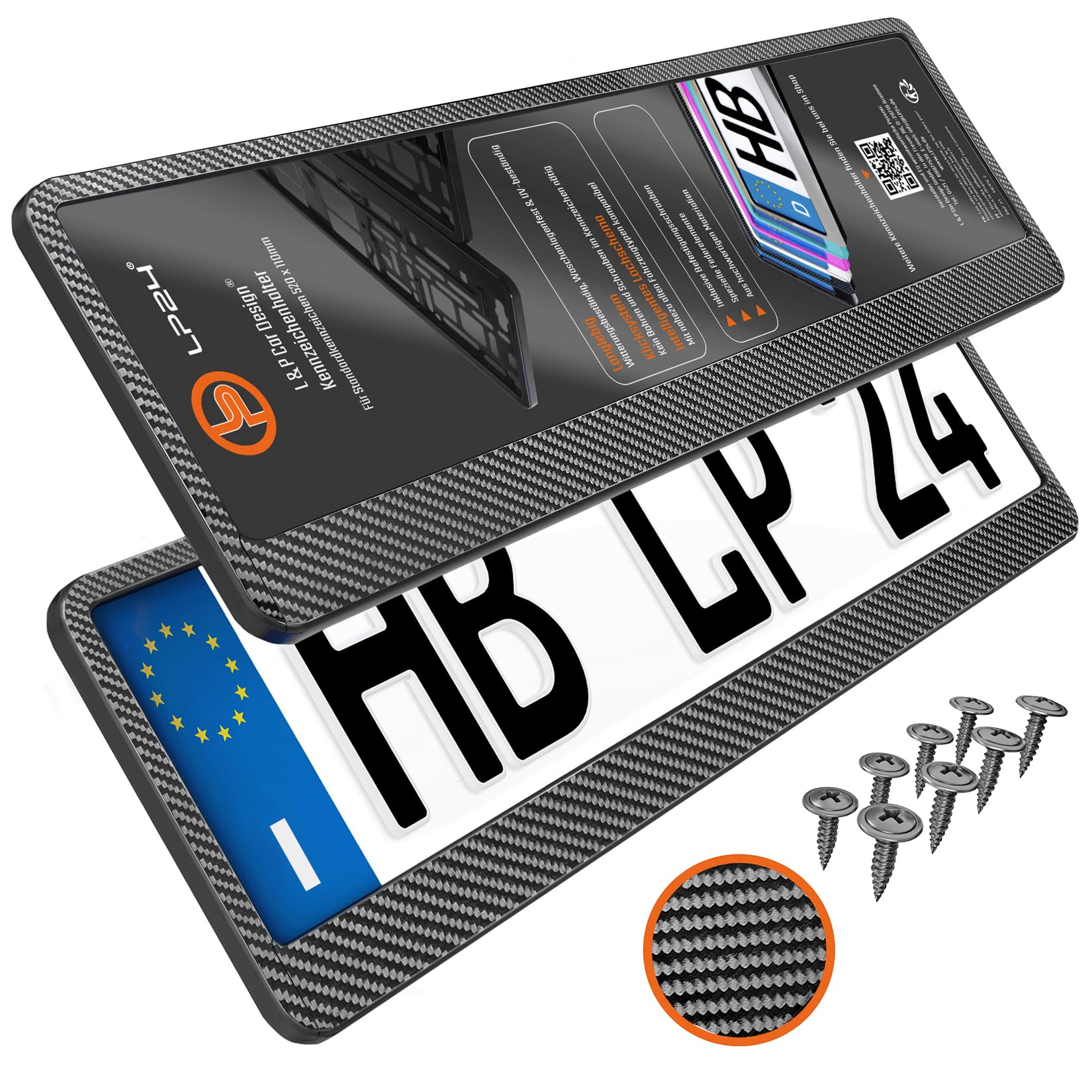 Portatarga Auto - Supporto Targa - [semplice, durevole e sicuro] - 8 viti - 520x110 mm - Carbonio effetto - Porta Targa - adatto a qualsiasi auto - per targhe italiane omologate - Fissaggio per Targa
