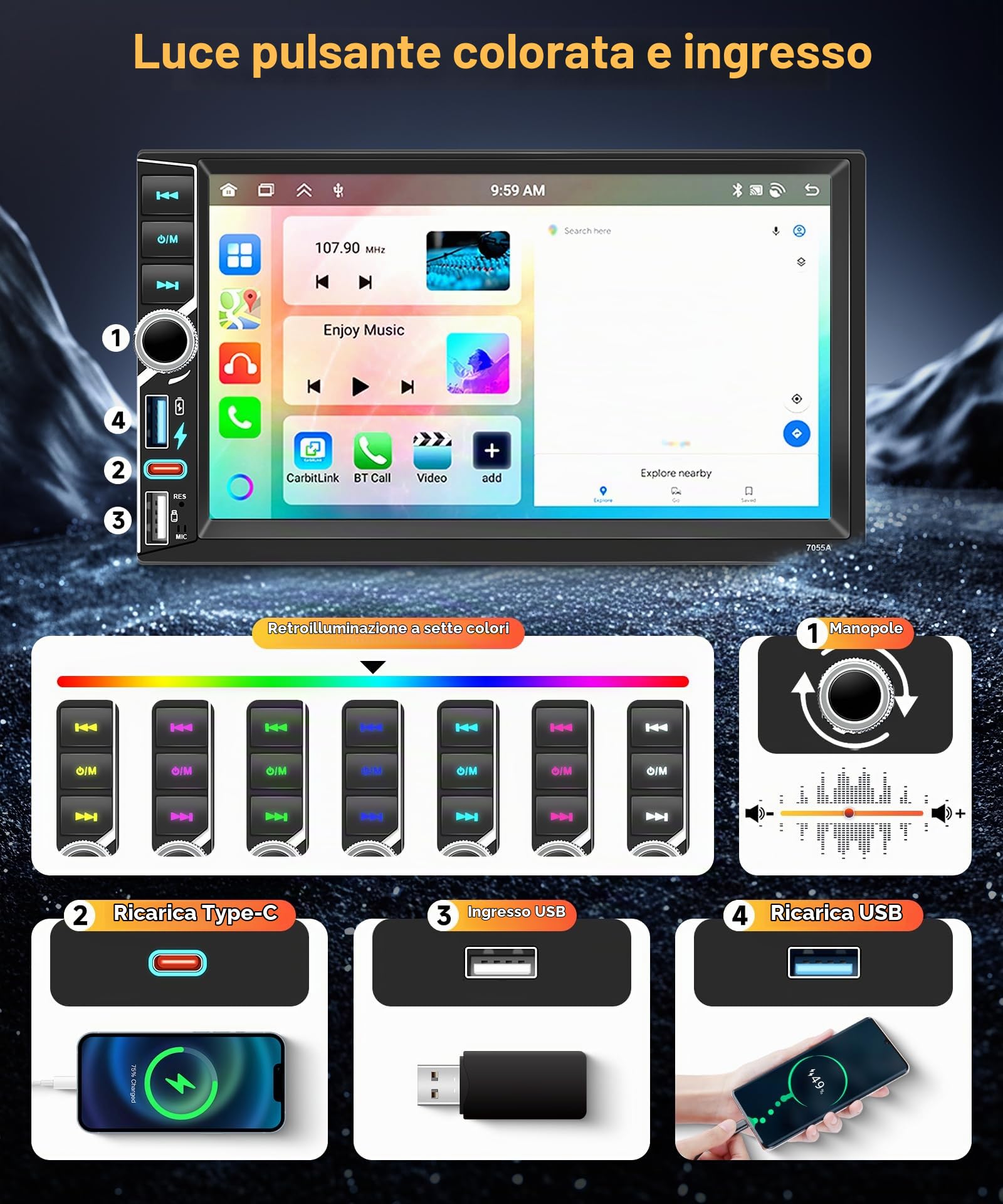 【8 Core 4+64G】2025 Hodozzy Stereo Auto Android 2 Din con Carplay Wireless con 2 USB USB-C, Schermo QLED da 7 Pollici, Autoradio Bluetooth con Android Auto/DSP/WiFi/RDS/FM + Telecamera Posteriore