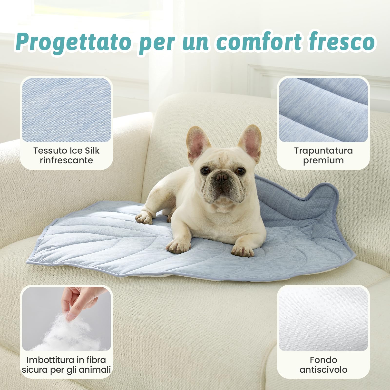 COZY KISS Tappetino Refrigerante per Cani e Gatti 86x99cm – Q-Max>0.4, Tappeto Rinfrescante Estate, Cuccia Refrigerante Lavabile, Cuscino Raffreddamento per Caldo, a Forma di Foglia, Blu