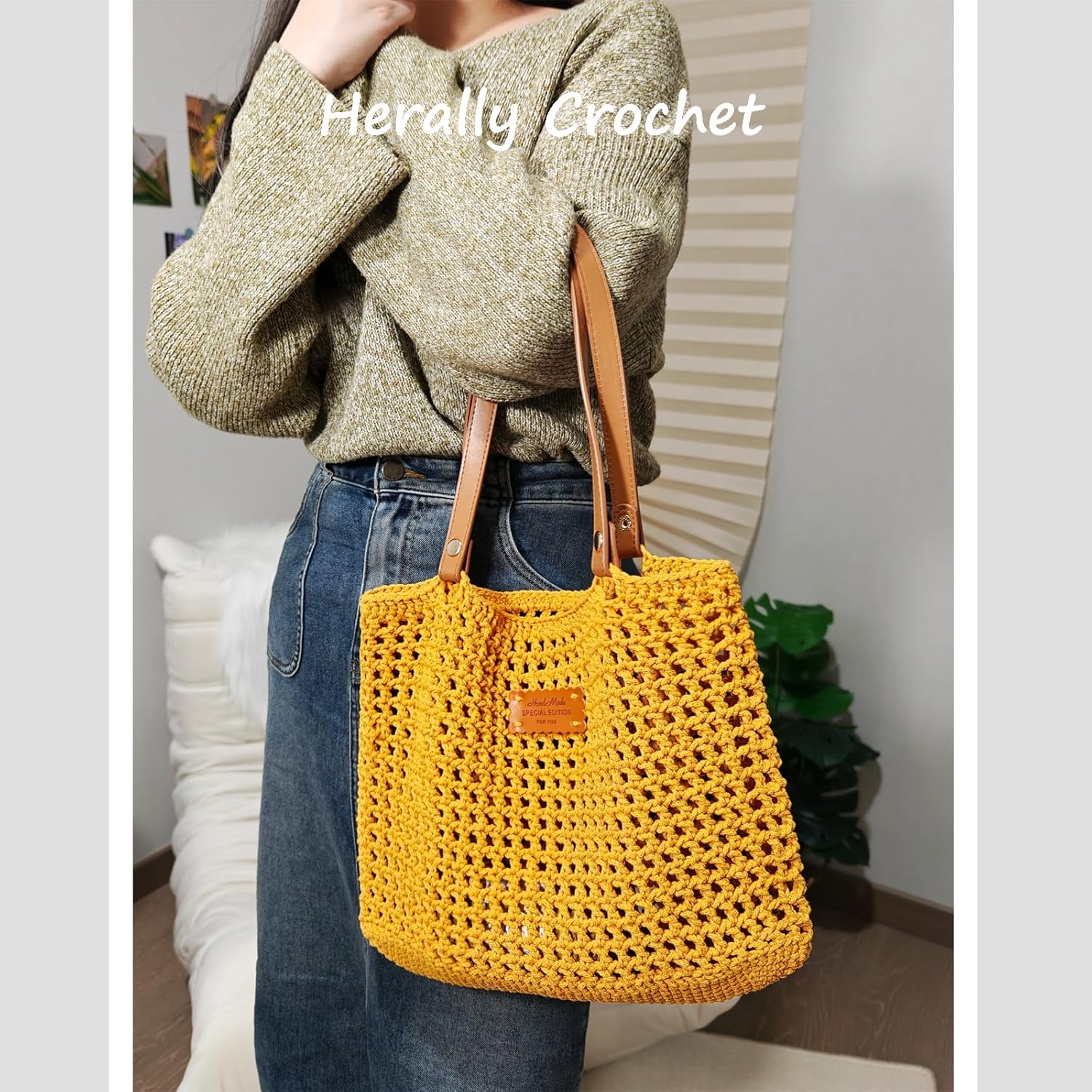 Herally Crochet Kit DIY Bag for Beginners - Include Yarn, Hook and Accessory - with Step by Step Video Tutorials - Crochet Tote Bag (Yellow)
