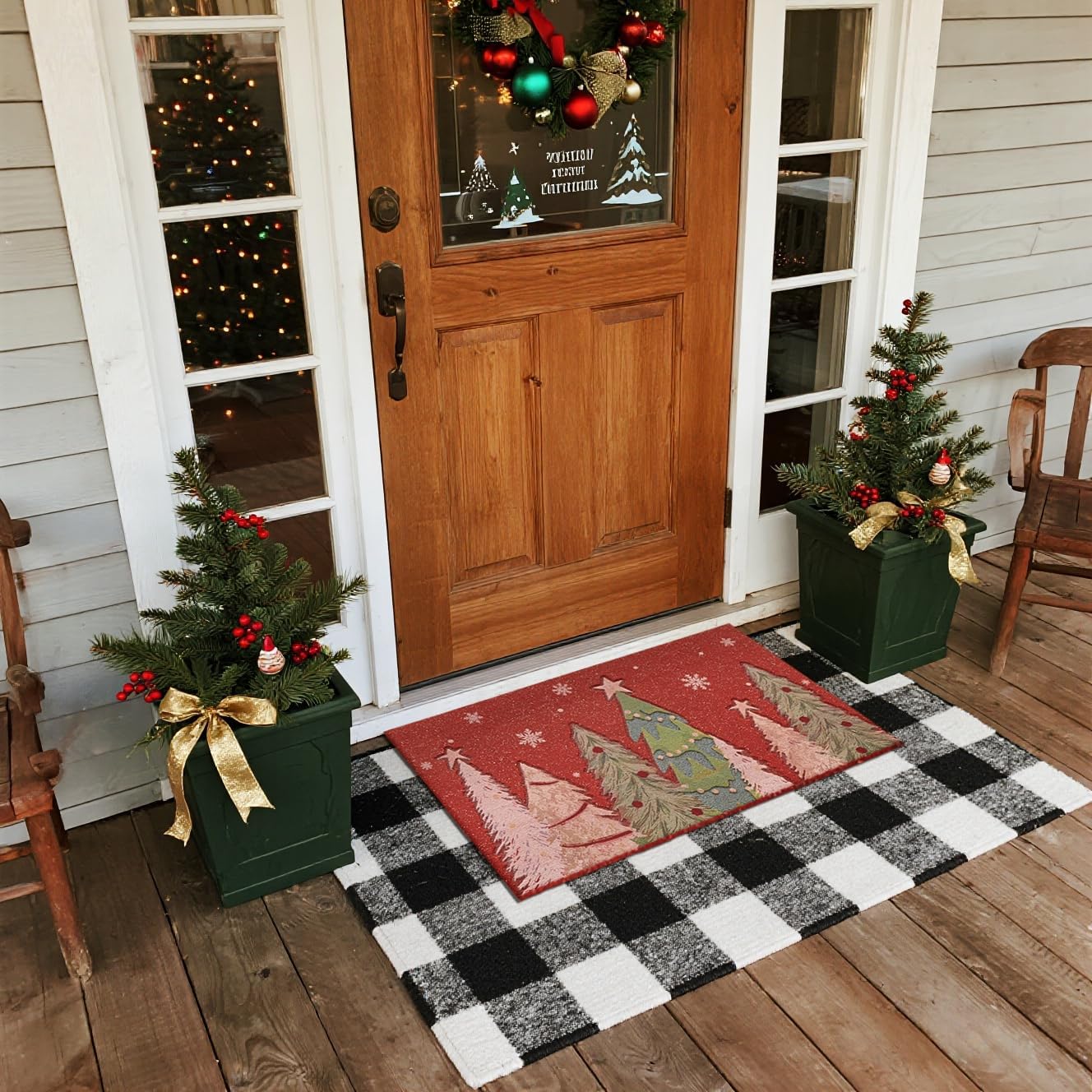 TYUU Christmas Doormat, Outdoor & Indoor Merry Christmas Door Mat, Christmas Tree Winter Holiday Door Mats for Front Door Outside Entrances, 24"x36", Red