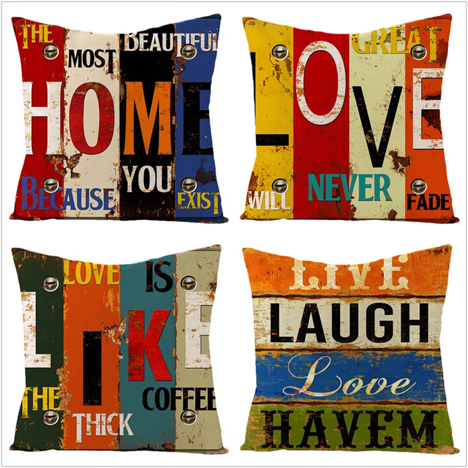 Fundas Cojines 65x65cm,Funda Cojin Modernas Juego de 4 Funda de Almohada Elegantes Decorativa para Sofá Coche Cama Sillas Letras Coloridas