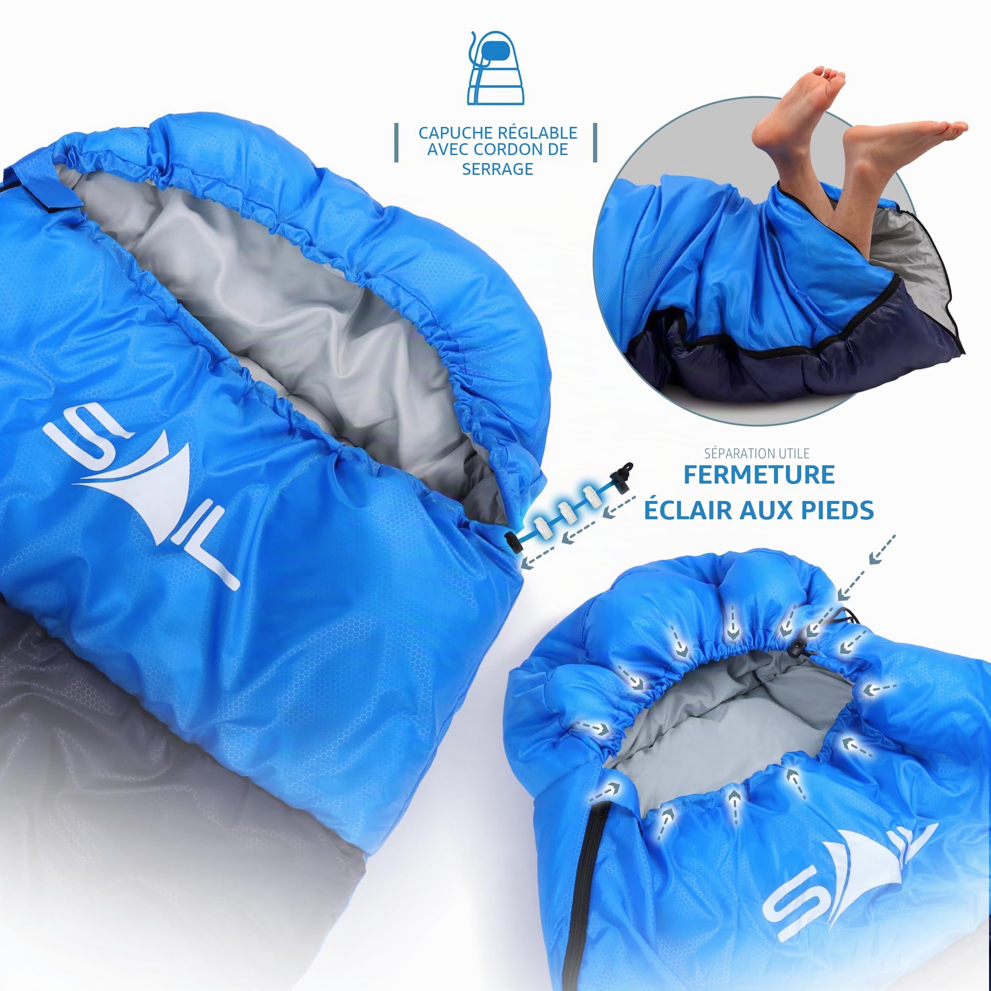 SAIL Sac de Couchage XL Extra Large pour Grandes et Grandes Personnes 3-4 Saisons 1,6 kg à 2,7 kg, léger, imperméable, Utilisation en intérieur et en extérieur pour Adultes pour la randonnée, la
