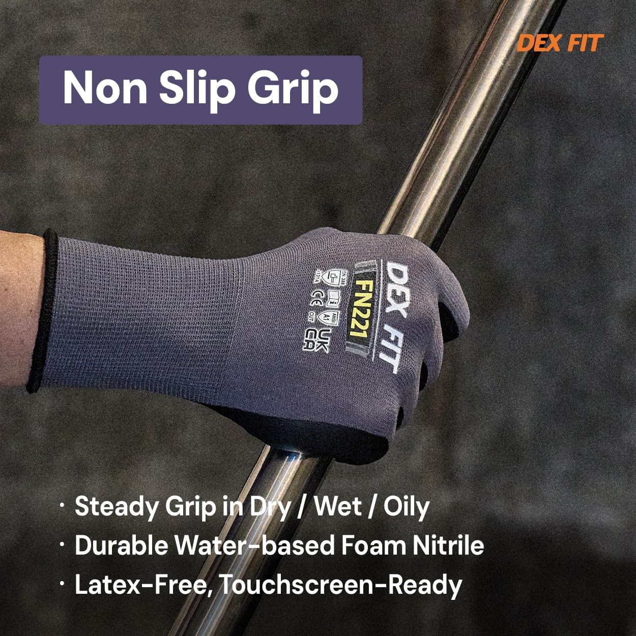 DEX FIT FN221 Thin Nitrile Coated Work Gloves — 15-Gauge 3D Comfort Fit, Power Grip Palm, Touchscreen