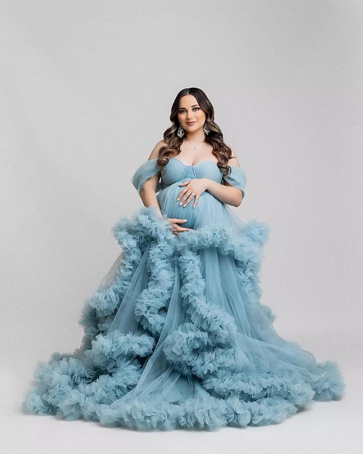 Off Shoulder Tulle Maternity Dresses for Photoshoot Puffy Ruffles Bathgown Long Bridal Robe Baby Shower Dress - Image 3