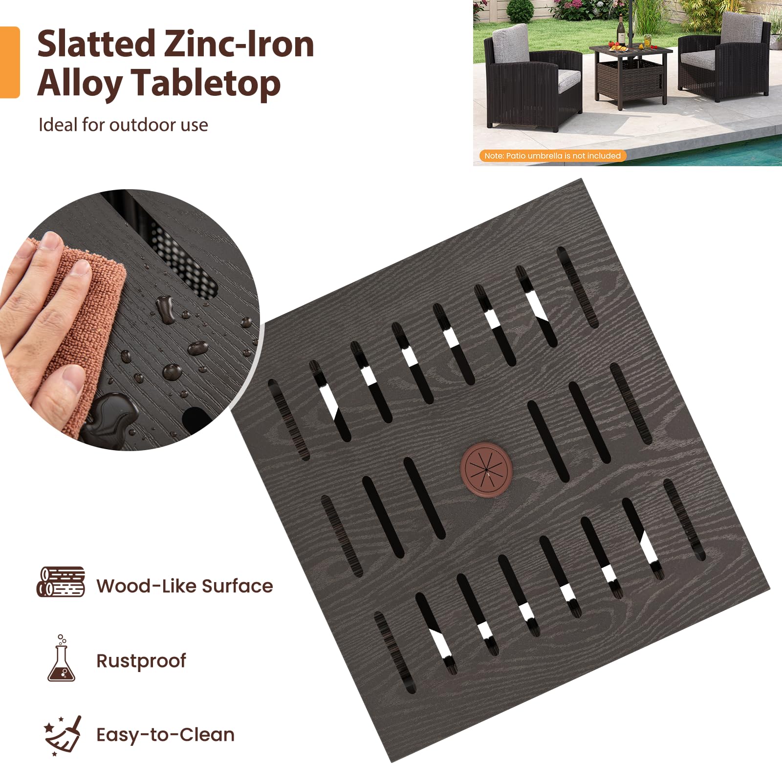 LIFEZEAL Mesa de Jardín de Polirratán con Orificio para Sombrilla, Mesa Auxiliar para Exterior, Resistente a la Intemperie, Mesa de Terraza con 2 Sacos de Arena, para Balcón y Jardín, Marrón