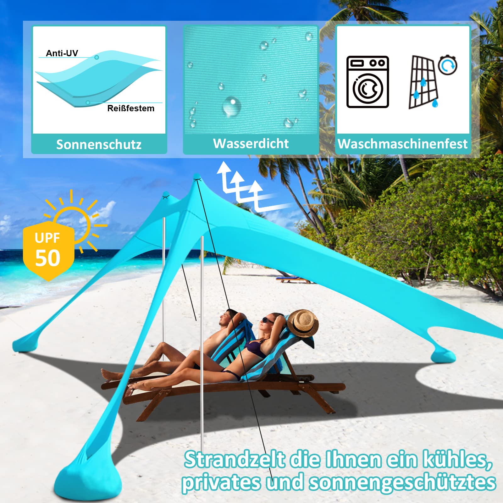 Strandzelt UV Schutz Sonnensegel 3 × 3m Outdoor-Schatten Camping Angeln Picknick Seegrün