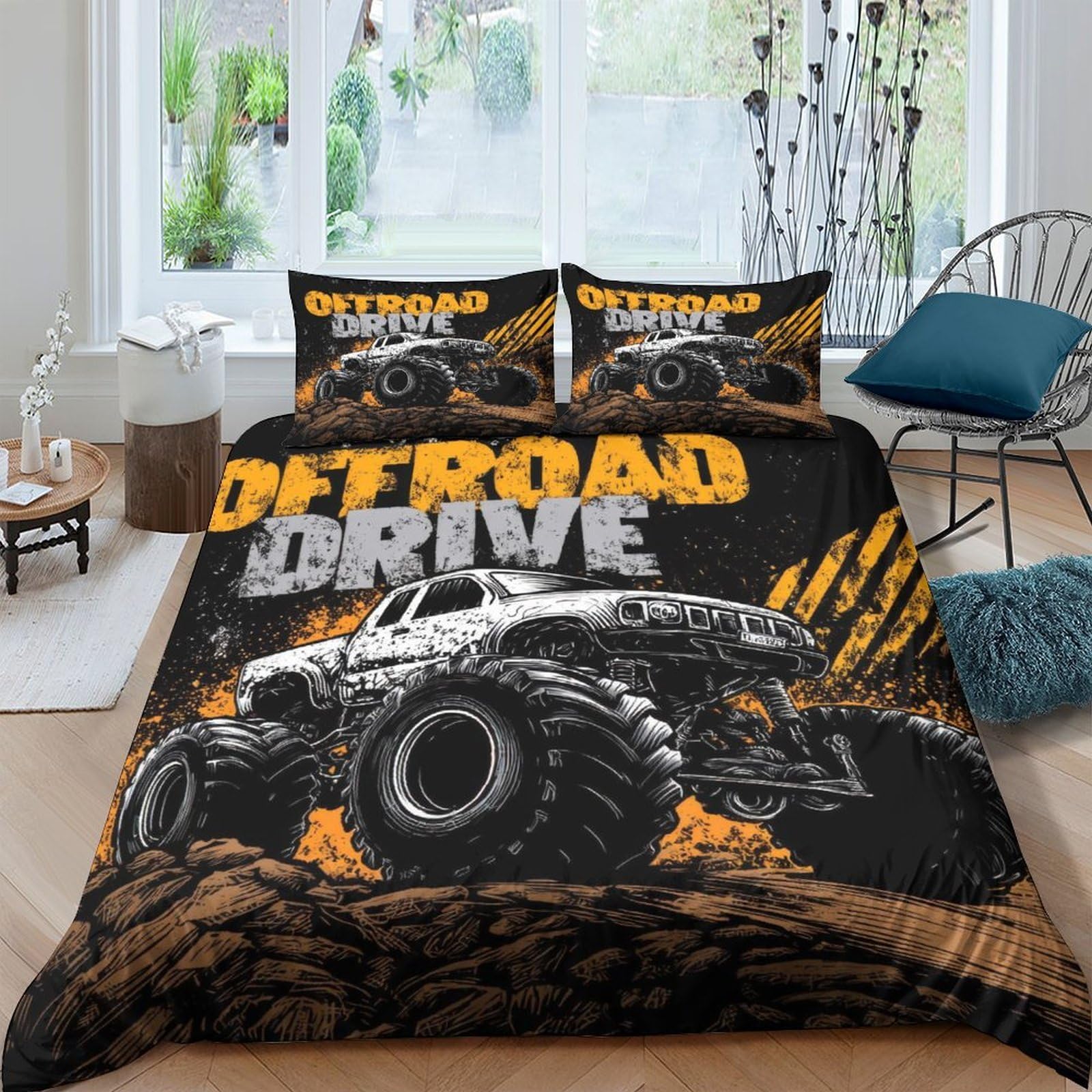 GPLZQXKJNH 3D Printed Monster Truck Duvet Cover Microfiber Soft Breathable Offroad Drive Bedding Set with 2 Pillowcases for Bedroom Home Décor Single（135x200cm）