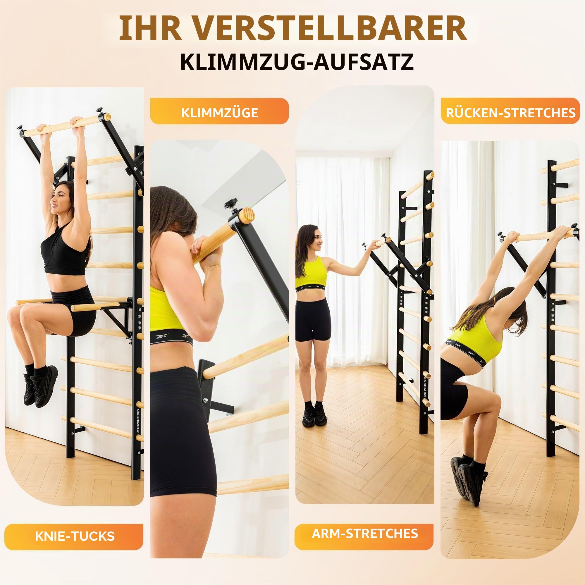Sprossenwand Indoor mit Klimmzugstange, Dip-Barren und Klettergerüst, Wandmontage Kletterwand aus Holz – Fitnessgerät für Zuhause, Turngeräte für Kinder und Erwachsene für Home Gym und Gymnastik