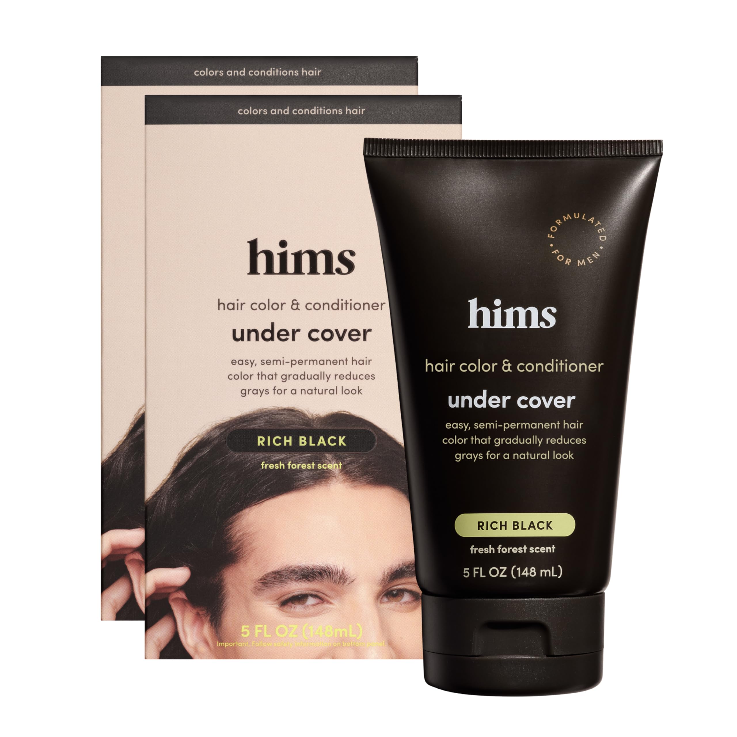 hims Under Cover Color & Conditioner for Men, Rich Black, 2 Pack - Hair Color Conditioner for Grey Hair Coverage - Semi Permanent, Moisturizes, Blends Grays - Fresh Forest Scent - 2 x 5 fl oz