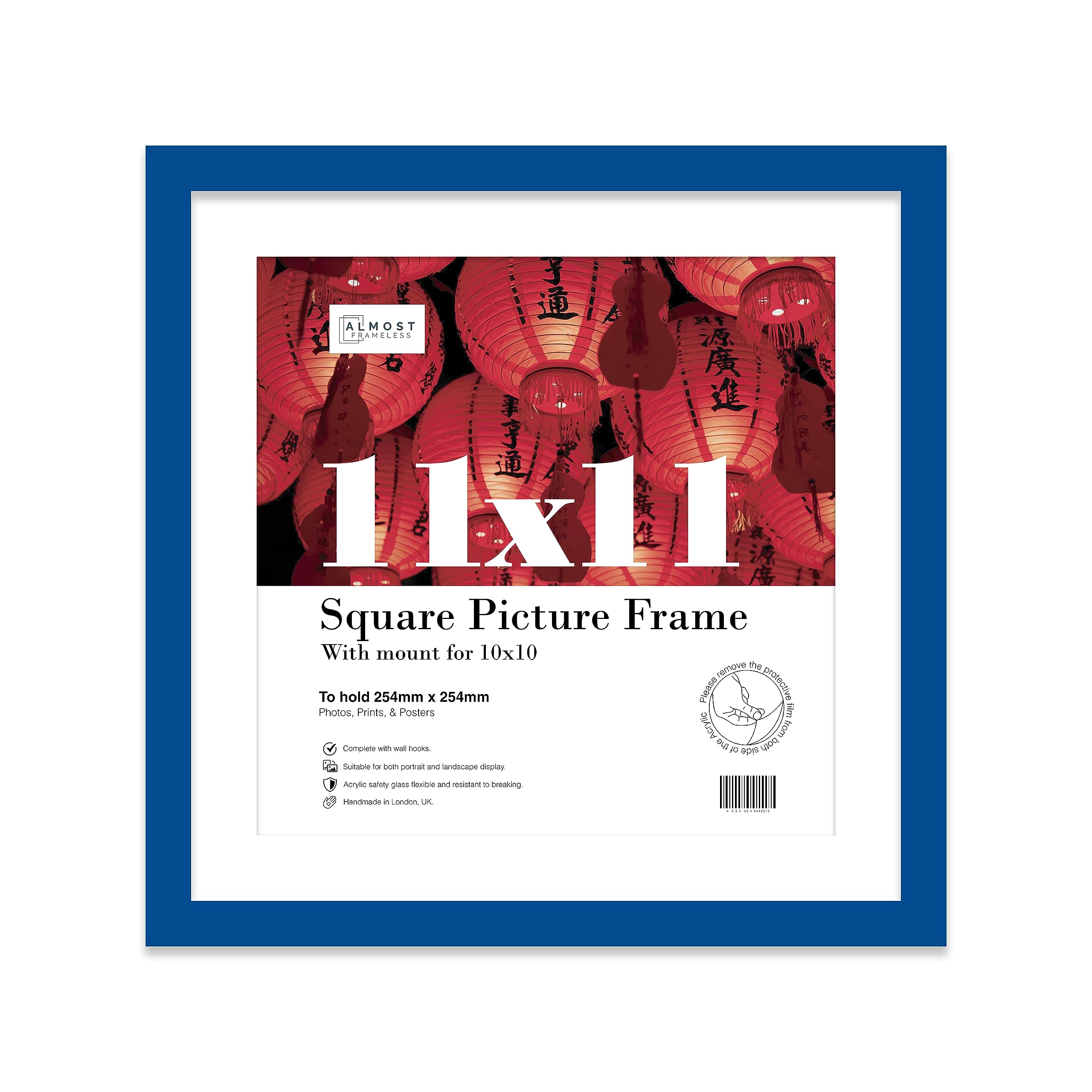 Almost Frameless 11x11 Picture Frame, Display Pictures 10x10 With Mat or 11x11 Without Mat, Wall Hanging Photo Frame, Blue, 1 Pack