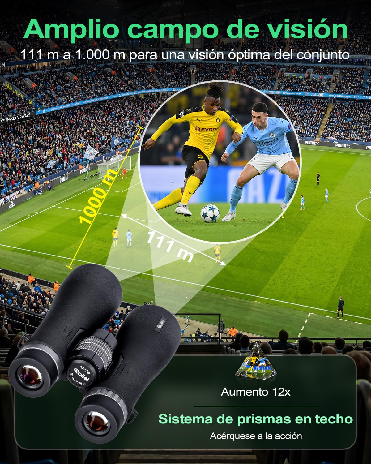 Rollei Prismaticos Profesionales Largo Alcance 12x50 Binoculares Adultos | Prismáticos con Aumento de 12x y Lentes FMC Resistente IPX6 Binoculars para Observación de Aves Caza Senderismo y Sightseeing