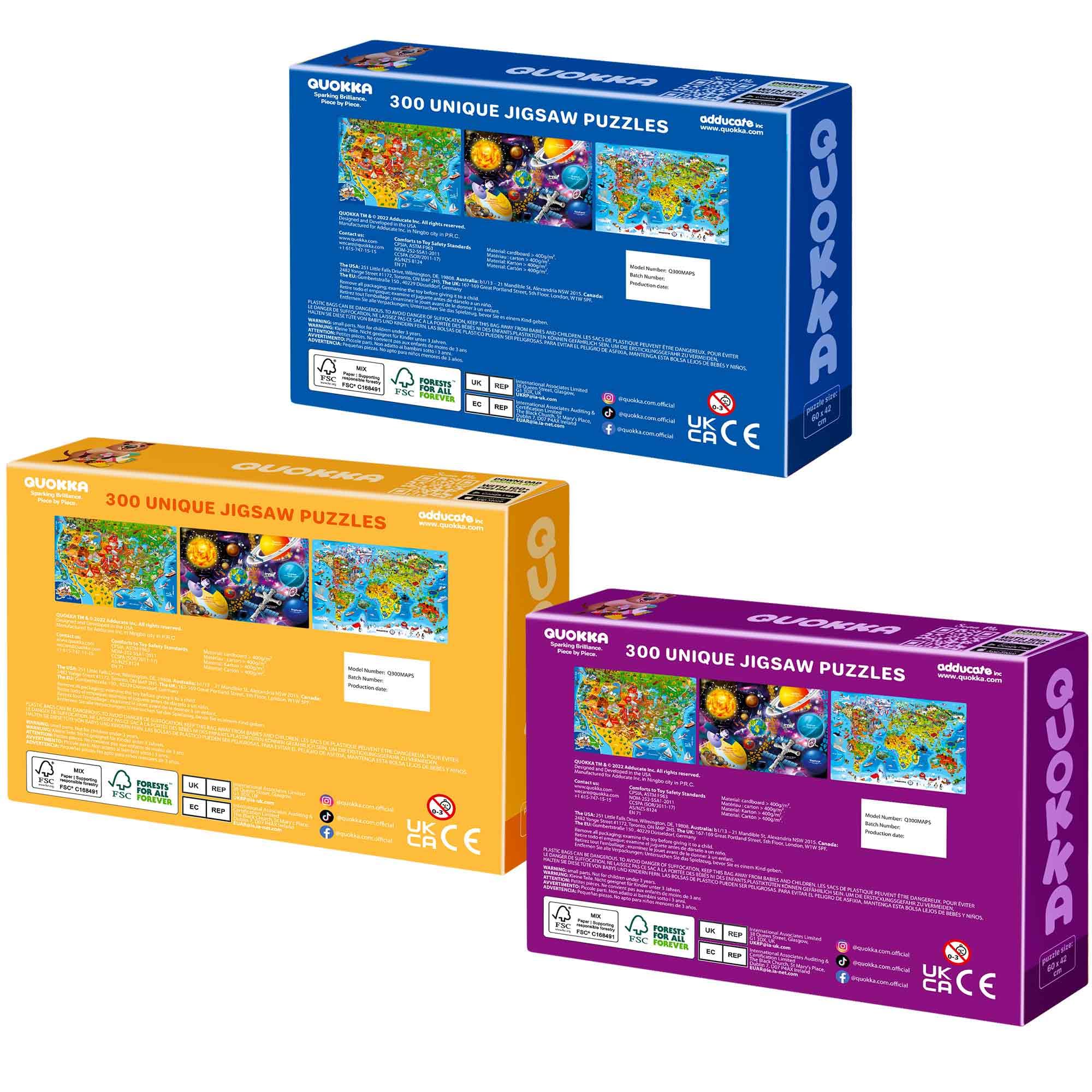 QUOKKA Puzzle 100 Pezzi Bambini 4 5 6 Anni – Set di 3 Puzzle Mappamondo Bambini 6 7 Anni – Gioco Educativo con Spazio Europa e Mappa del Mondo – Giocattolo Regalo per Ragazzi e Ragazze dai 4 ai 9