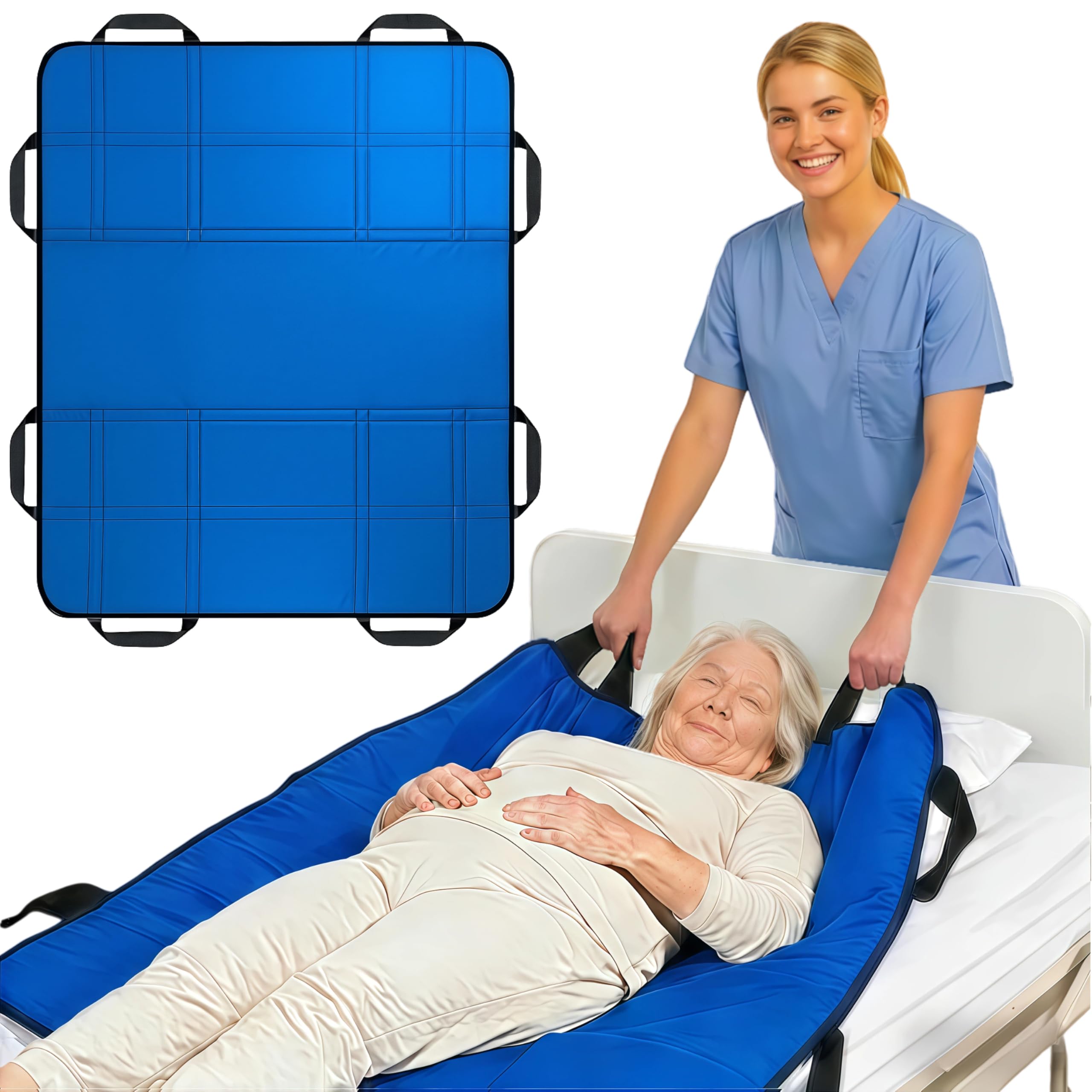Upgraded 3-Layer Positioning Bed Pad with Handles, Transfer & Slide Sheet for Elderly Care, Waterproof Washable Draw Sheet for Turning, Lifting & Repositioning (48" x 40", Blue)