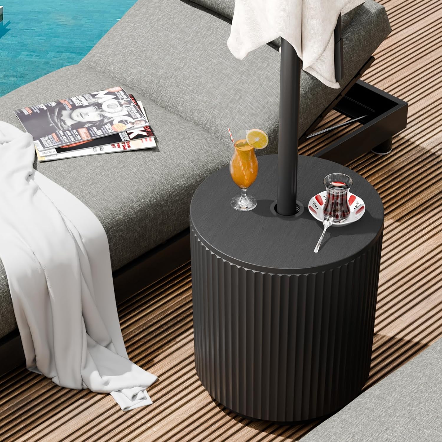 FONTOI Patio Side Table with Umbrella Hole, 11.5 Gallon Fillable Umbrella Stand, Suitable for Center Pole Umbrellas with Pole Diameter from 1.5"-1.9", Plastic Table for Outdoor, Black