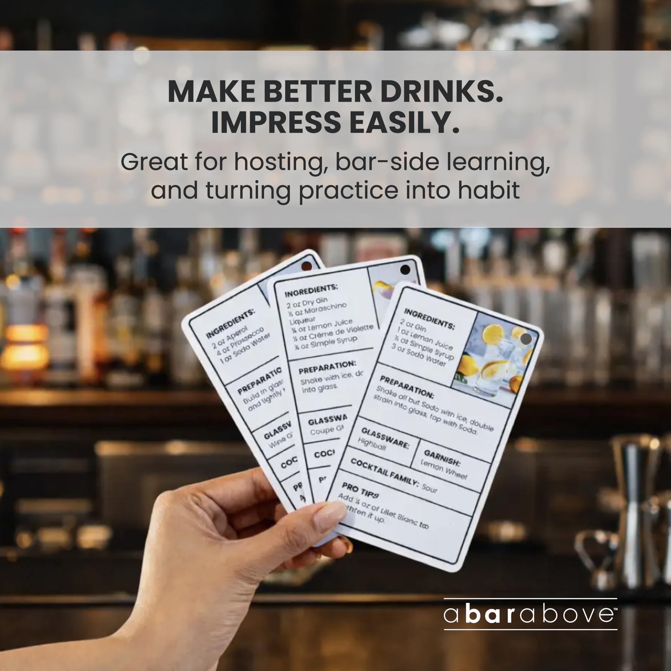A Bar Above Cocktail Flash Cards, Deck of Cards with Step By Step Drinks, Ingredients Ratios and Garnish Notes, Home Bartender Guide, Tool Companion, Bartender Accessories, Cocktails Illustrated