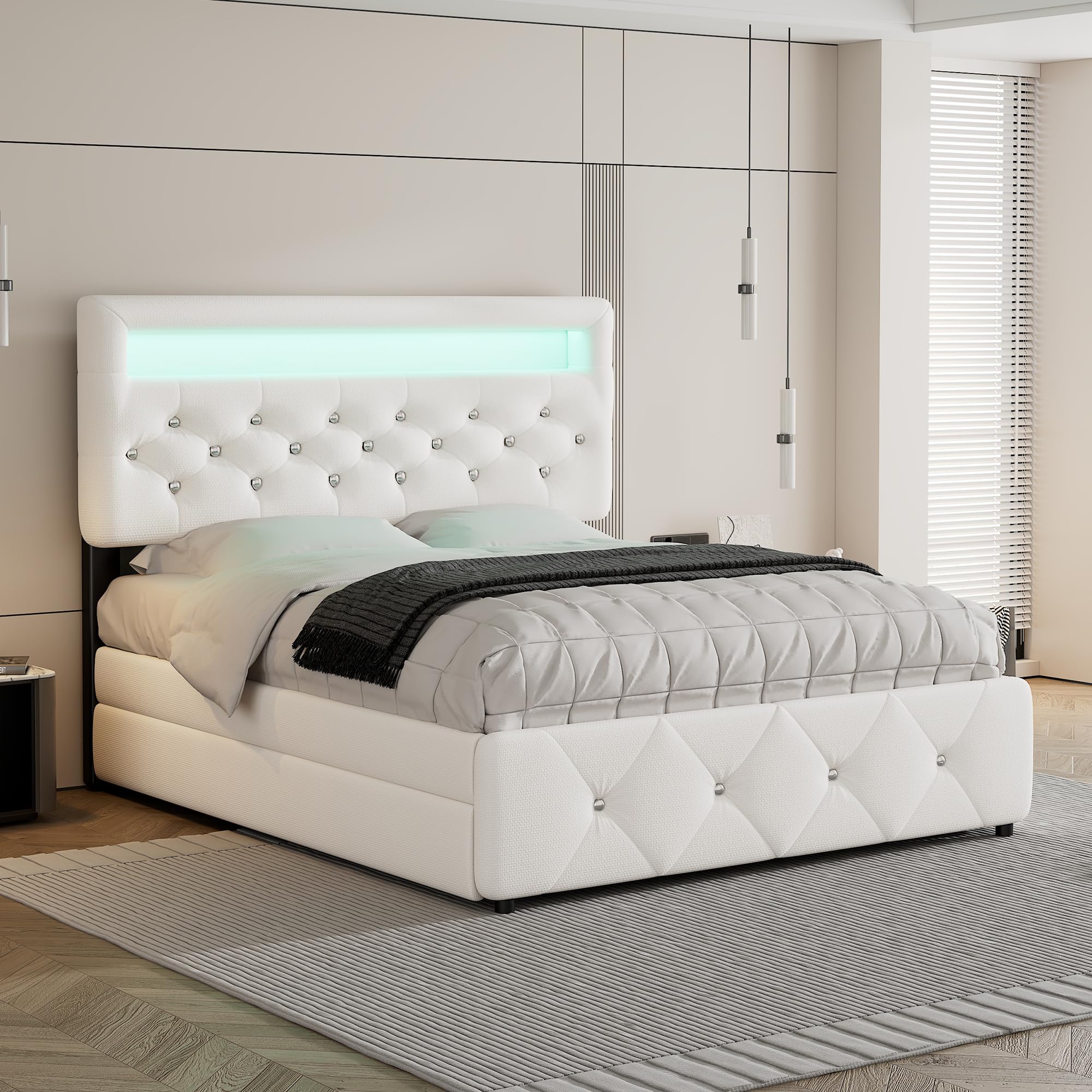 Letto Contenitore Imbottito 140x200cm - Con LED - Con Porte USB E Type C Velluto Grigio