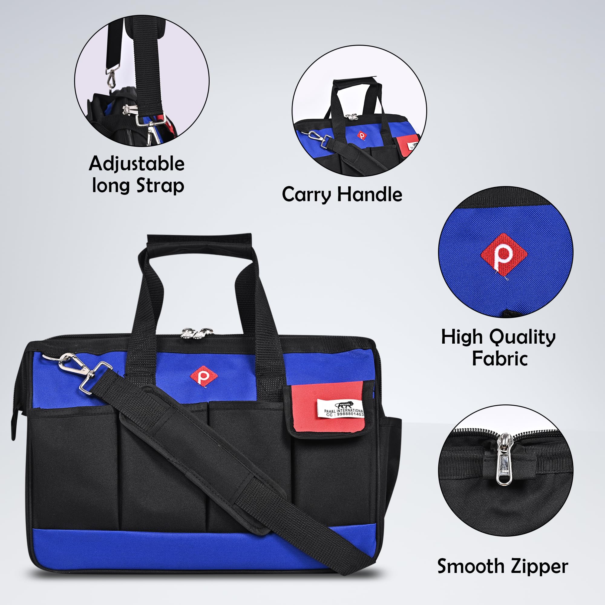 PAHAL 16 Inch Tool Bag Wide Mouth, Heavy Duty Waterproof Nylon Tool Organizer for Electrician, Technician, Plumber, AC Mechanic & Carpenter (Blue, Large, Multi-Pocket, Empty) 1