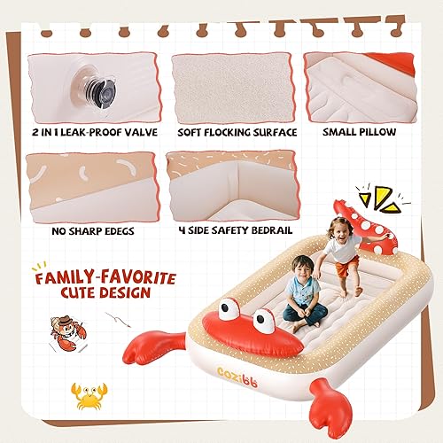 Miniatura 3 de CoziBB Cama de viaje inflable para niños pequeños, cama de viaje portátil con colchón flocado, almohada integrada y bolsa de transporte, parachoques