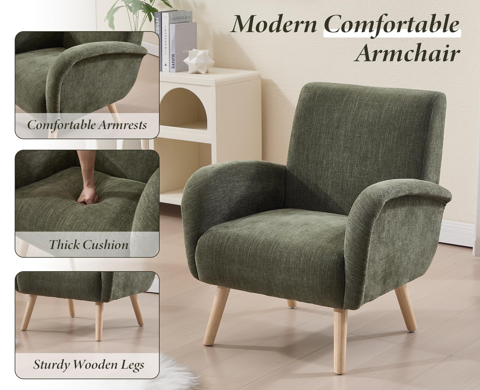 Ya-Home Poltrona Imbottita Sedia da Salotto Poltroncina Moderna in Tessuto Poltrone Salotti con Gambe in Legno Sedie Imbottita per Camera da Letto/Soggiorno, Verde