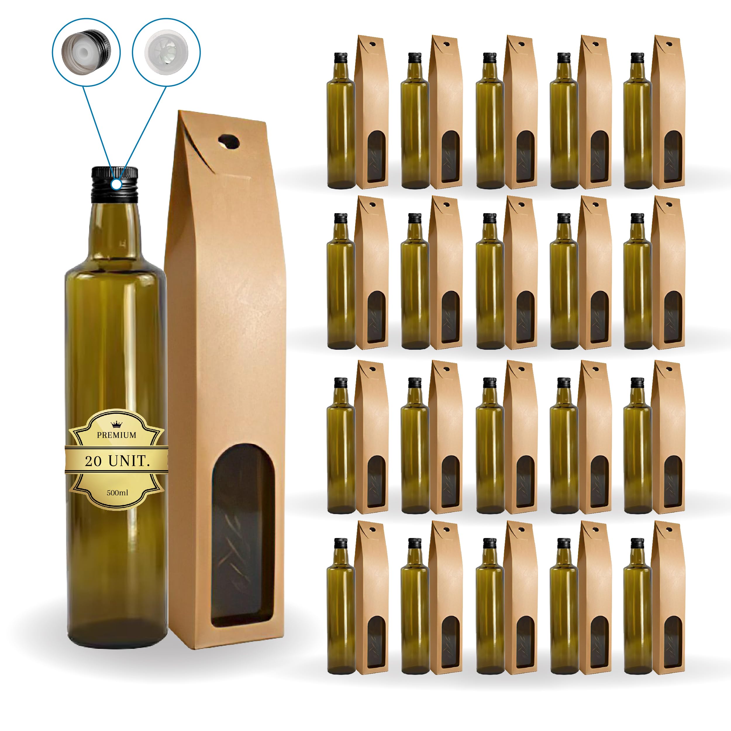 20 Botellas de Cristal Oscuro 500 ml con Tapón Dorado y Boquilla – Aceitera Protectora para Aceite de Oliva, Vinagre y Salsas | Espirito Rebelde
