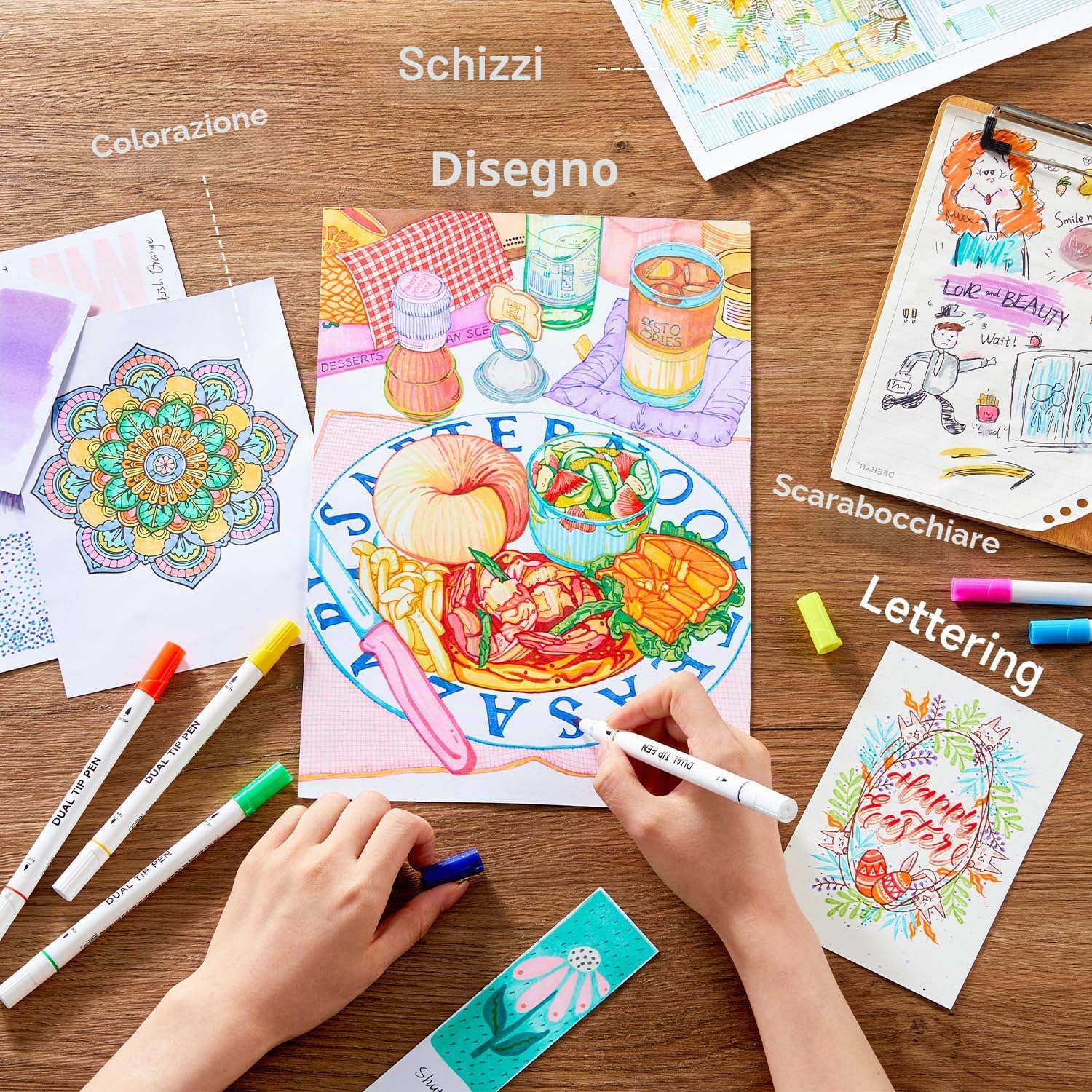 Shuttle Art 70 Brush Pen Lettering, Pennarelli Doppia Punta Fine e Punta Pennello con Custodia Portatile e 1 Libro da Colorare, per Adulti Bambini