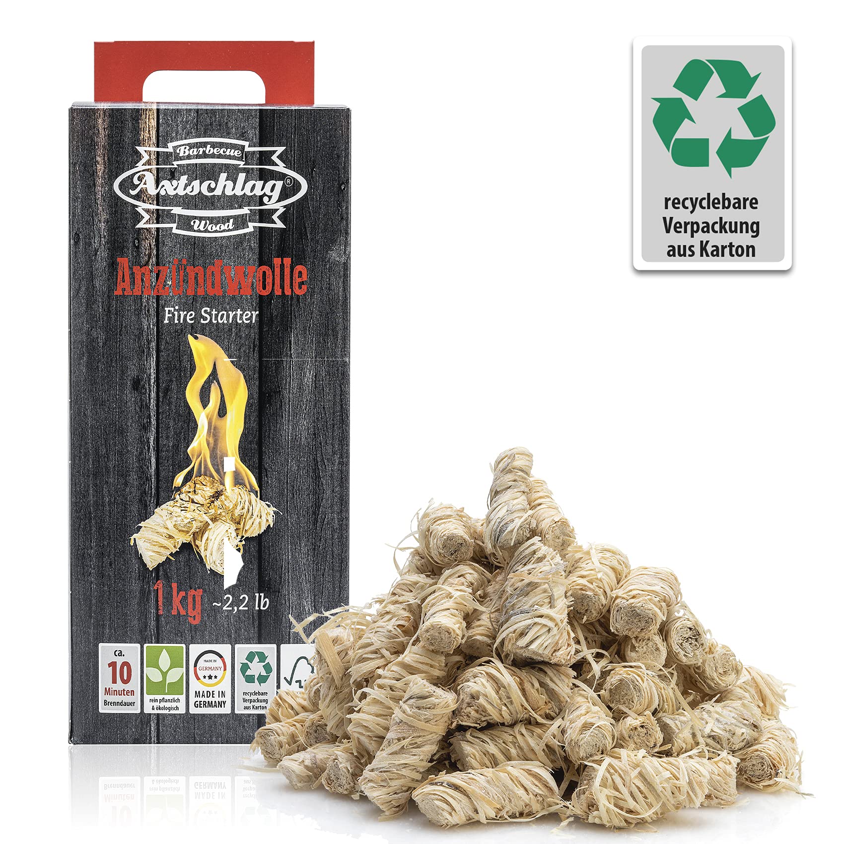 Axtschlag Premium Anzündwolle 6 x 1kg | Holzwolle Wachs Kaminanzünder | ökologischer Grillanzünder Holzanzünder | Anzünder für Kamin Grill Ofen
