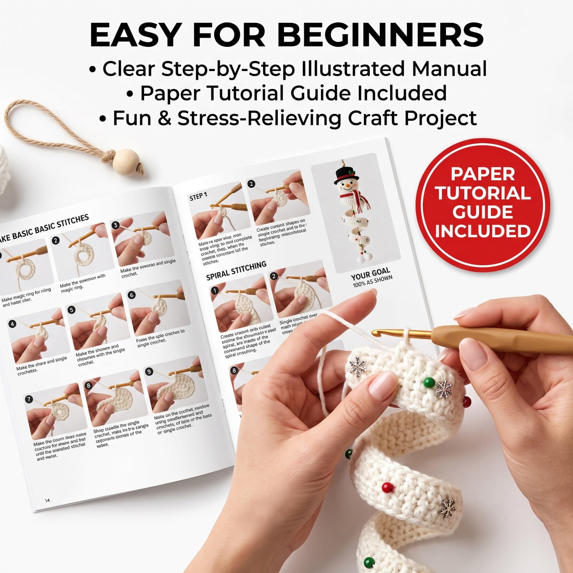 Gehäkeltes Schneemann-Spiral-Ornament-DIY-Set, alle Materialien zur