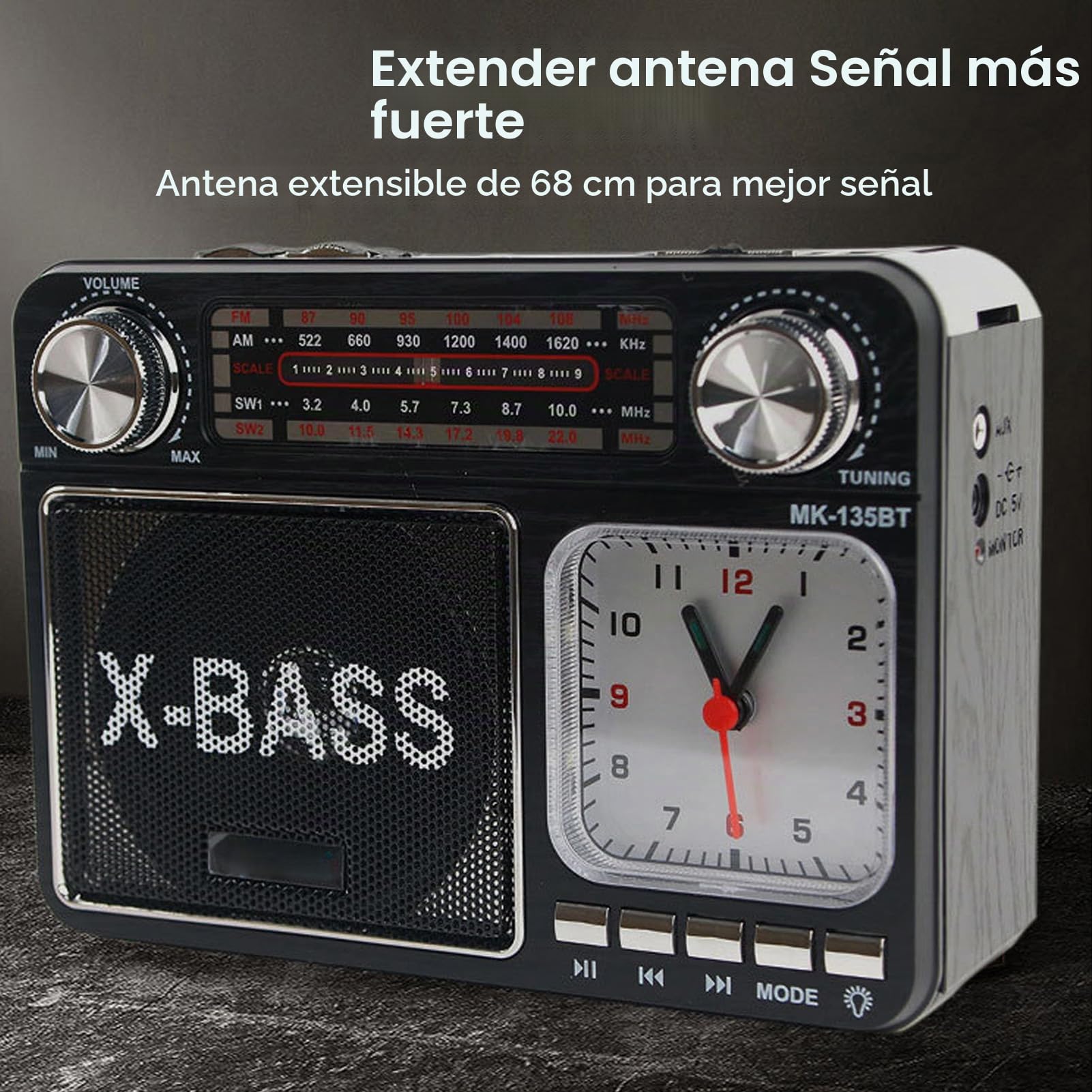 Altavoz Bluetooth Radio Estilo Retro, Radio Portátil Am FM SW, Radio de Sintonización Manual Inalámbrica con 3 Modos de Fuente de Alimentación, Reloj para el Hogar (Enchufe de la