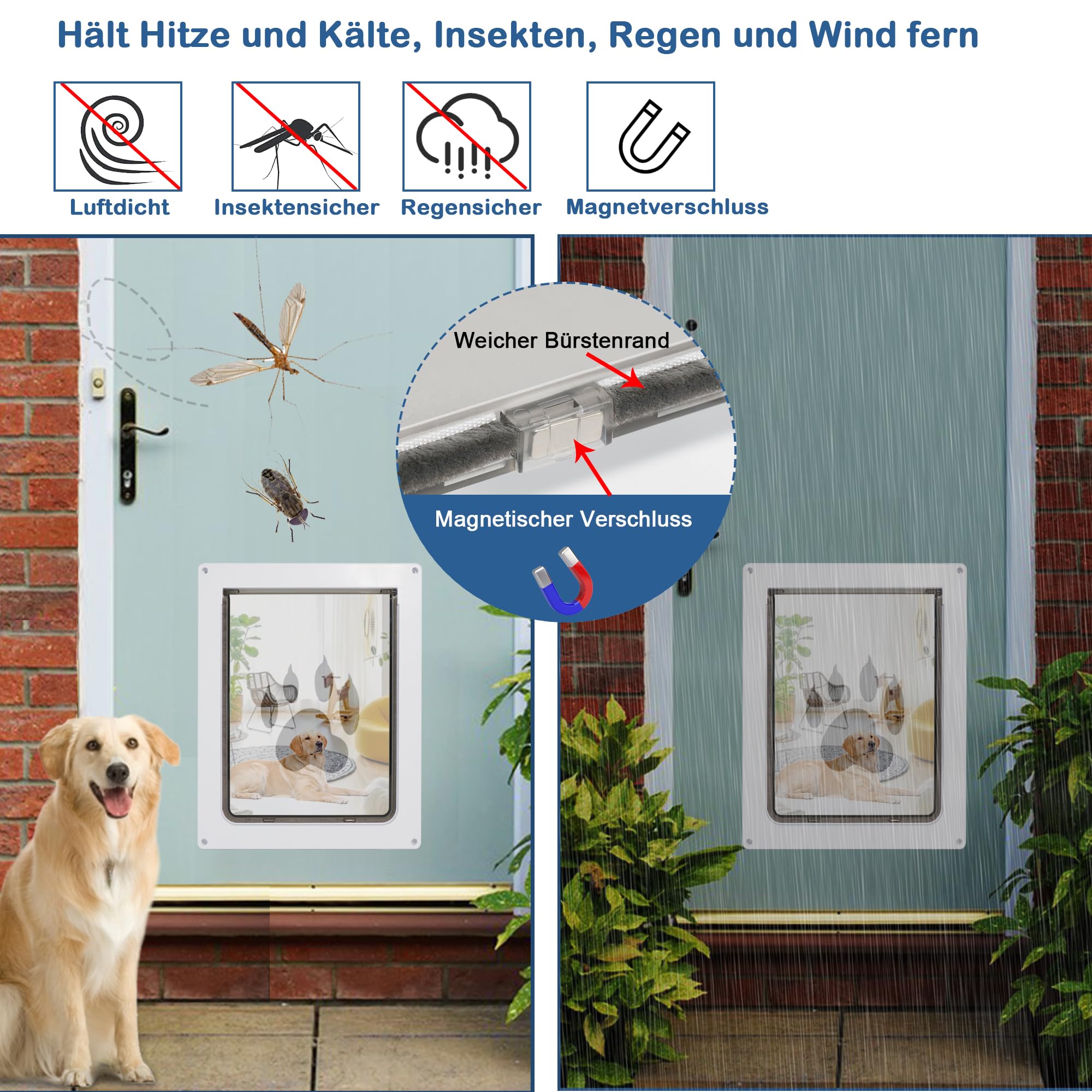 CEESC Große Hundeklappe für Haustiere bis 45 kg, wetterfeste Tierklappe für Katzen und Hunde, langlebig, inklusive Einrast-Verschlussplatte, geeignet für Innen- und Außentüren (Groß, Weiß)