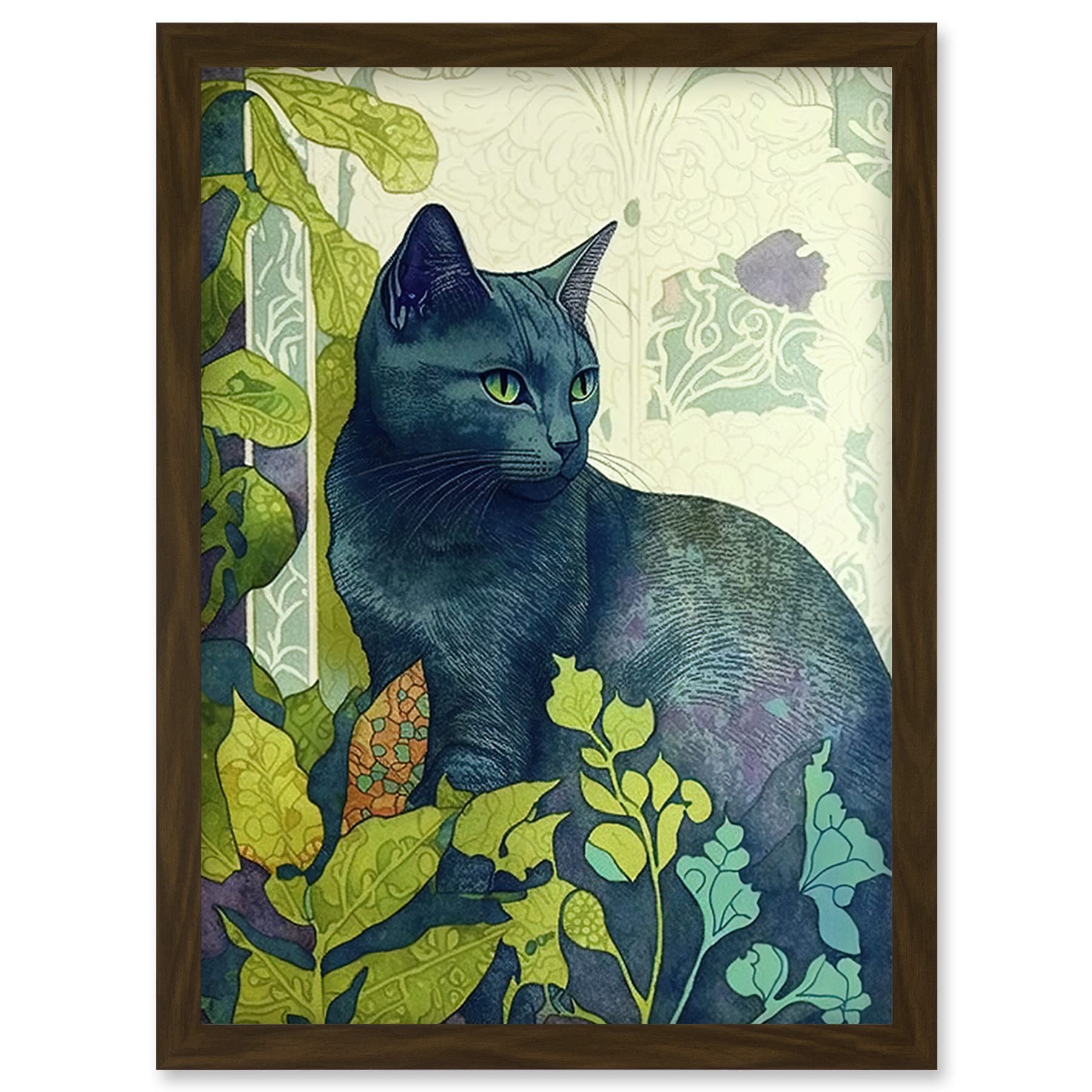 Artery8 Russian Blue Cat with Bright Ornate Plants Modern Art Nouveau Illustration Artwork Framed Wall Art Print A4